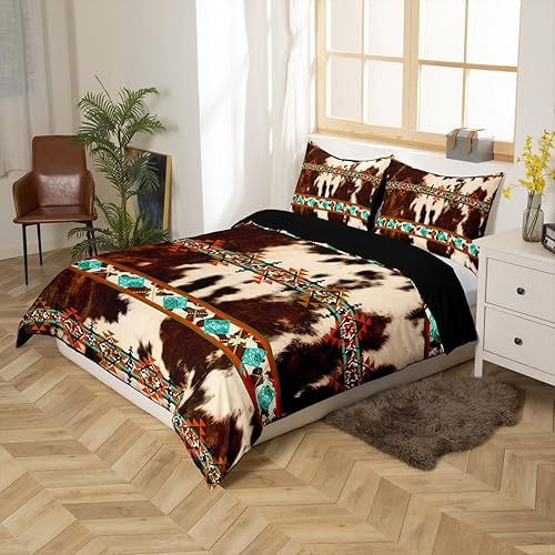 Miniatura 6 de Erosebridal Funda de edredón de piel de vaca marrón con estampado de vaca de las tierras altas, juego de ropa de cama occidental exótico azteca,