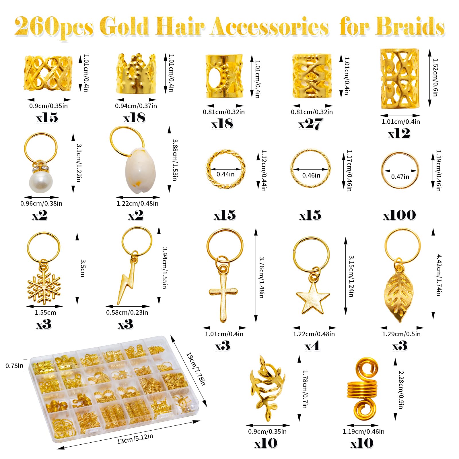 QHSXMQ 260pcs Gold Hair Accessories, Hair Jewellery for Braids Gold Hair Cuffs, Hair Rings, Beads Cuffs Charms Rings - Image 2