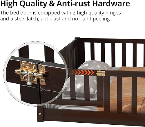 Miniatura 5 de LLS Cama de suelo individual para niños, cama Montessori duradera con listones resistentes y valla de seguridad, marco de cama de piso de madera