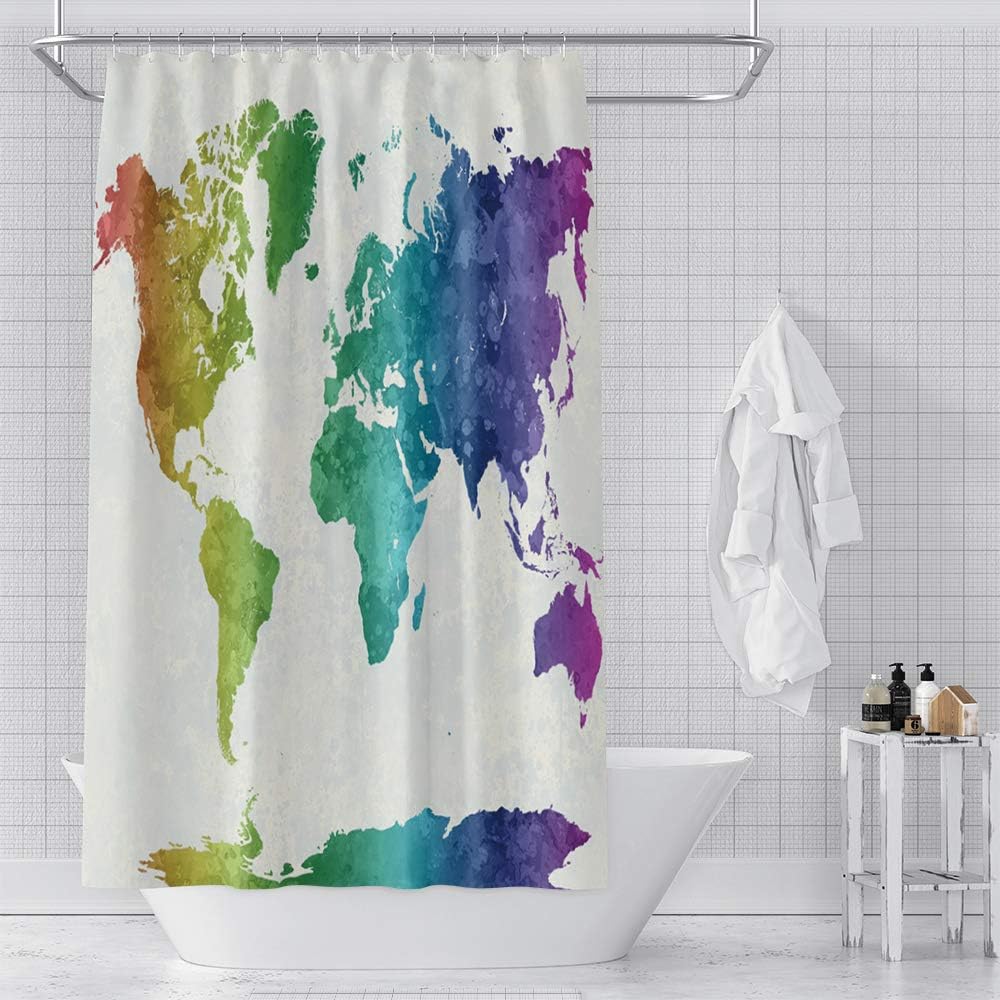 OERJU 72x72inch Colorful World Map Shower Curtain Beautiful Elegant Texture Modern Abstract Art White Base Waterproof Fabric Polyester Bathroom Curtain Bath Accessories Hotel Quality with Hooks