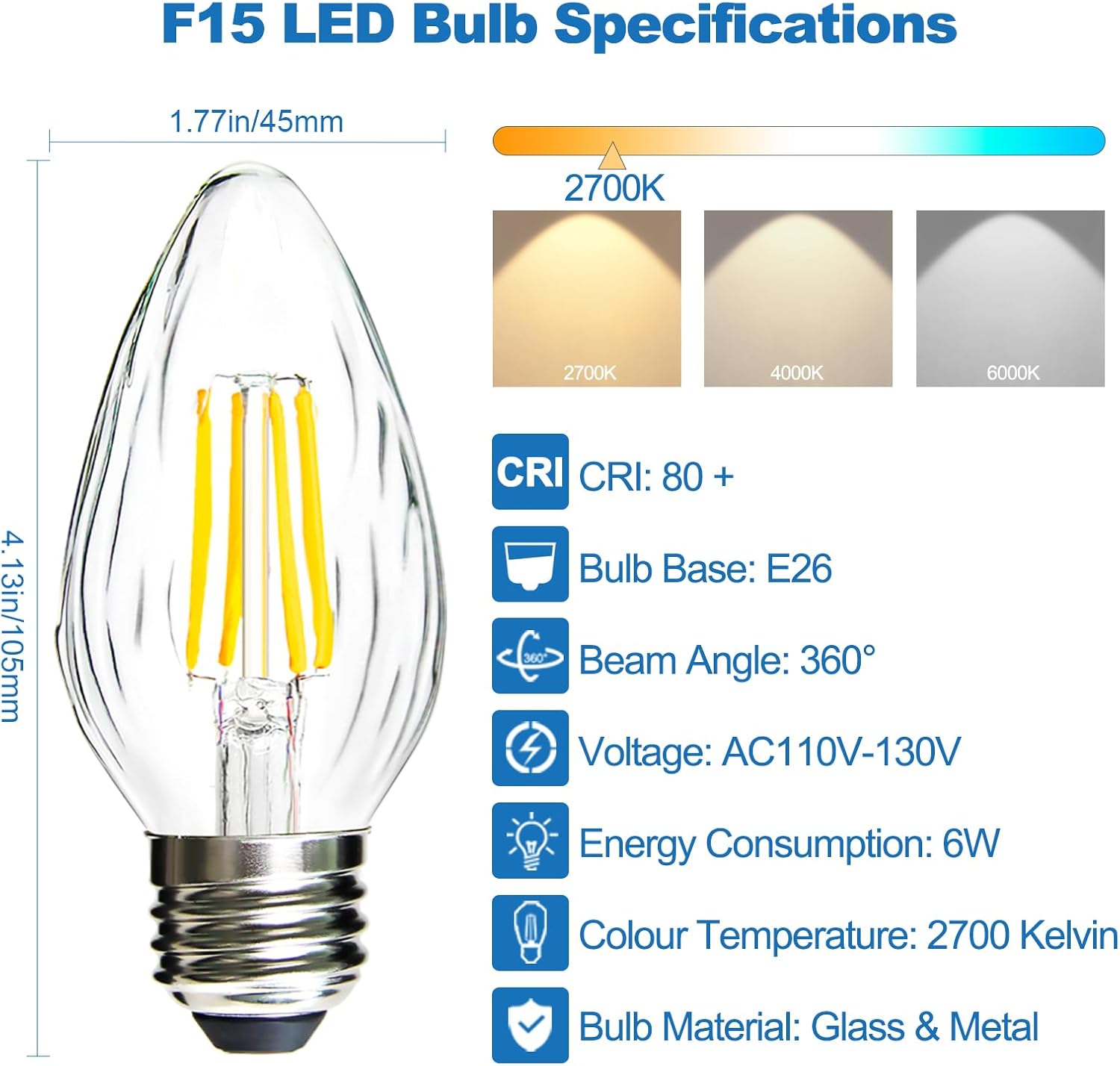 LED Edison Bulbs, Dimmable, F15 Porch Light Bulbs, E26 Base, 6W, Equivalent 60W, 2700K Warm White, Flame Wrinkle Glass Cover, LED Post Bulbs for Ceiling Fan, Pendant Light, 4 Pack