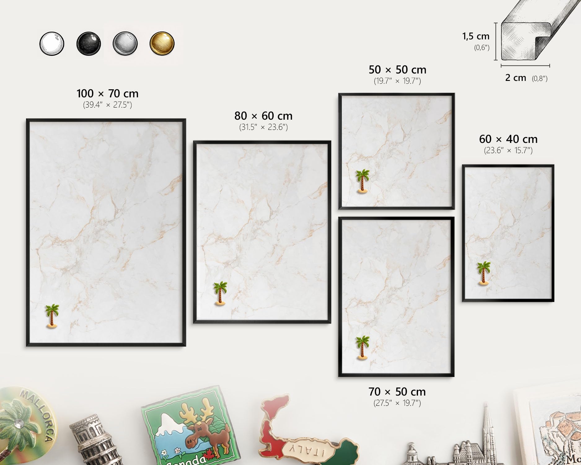 Magnetische Tafel 80x60 cm | mit Schwarzem Rahmen | Marmor-Eleganz