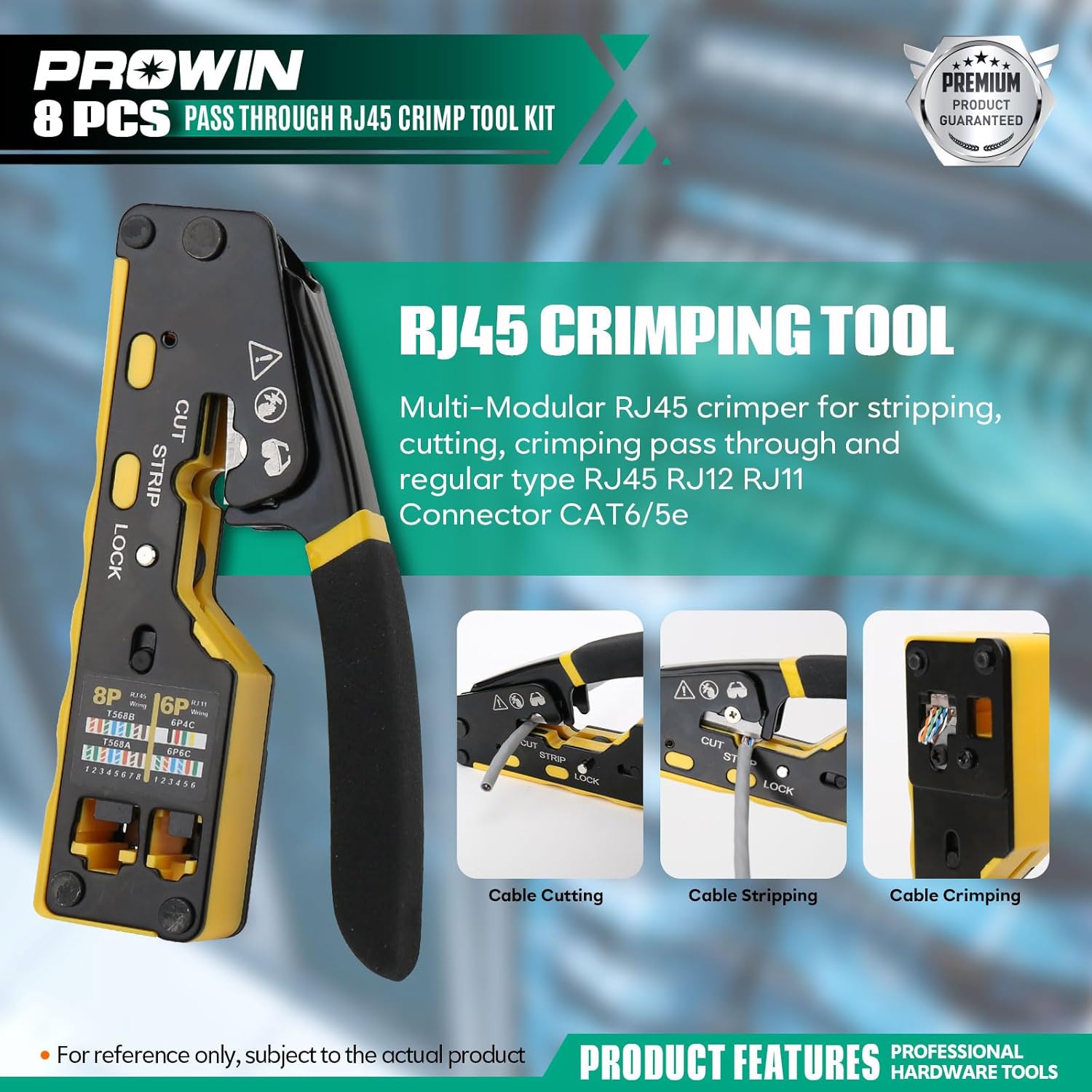 Prowin Pass Through RJ45 Crimper Kit with Cable Tester, Ethernet Crimping Tool for Cat5 Cat5e Cat6 Cat6a & RJ11 RJ12 Connectors (Includes Stripper, Blades) Professional Network Tool Set