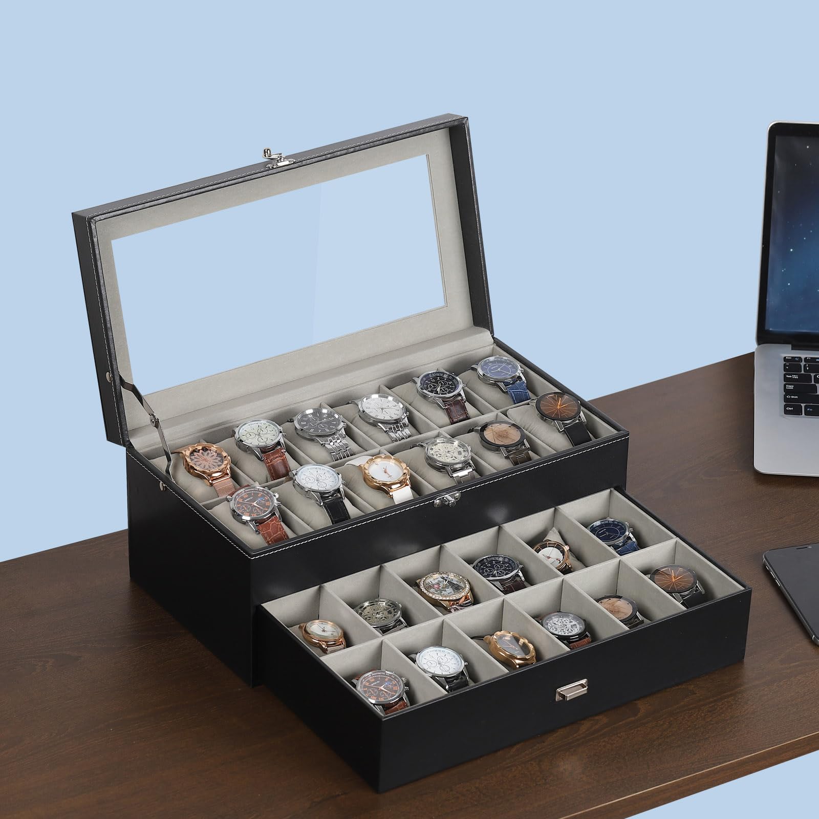AUTOARK MKAW037 MKAW037 - Scatola per 24 orologi in pelle e velluto, con parte superiore in vetro, con chiusura a chiave, per riporre i gioielli, con cuscini rimovibili grigi