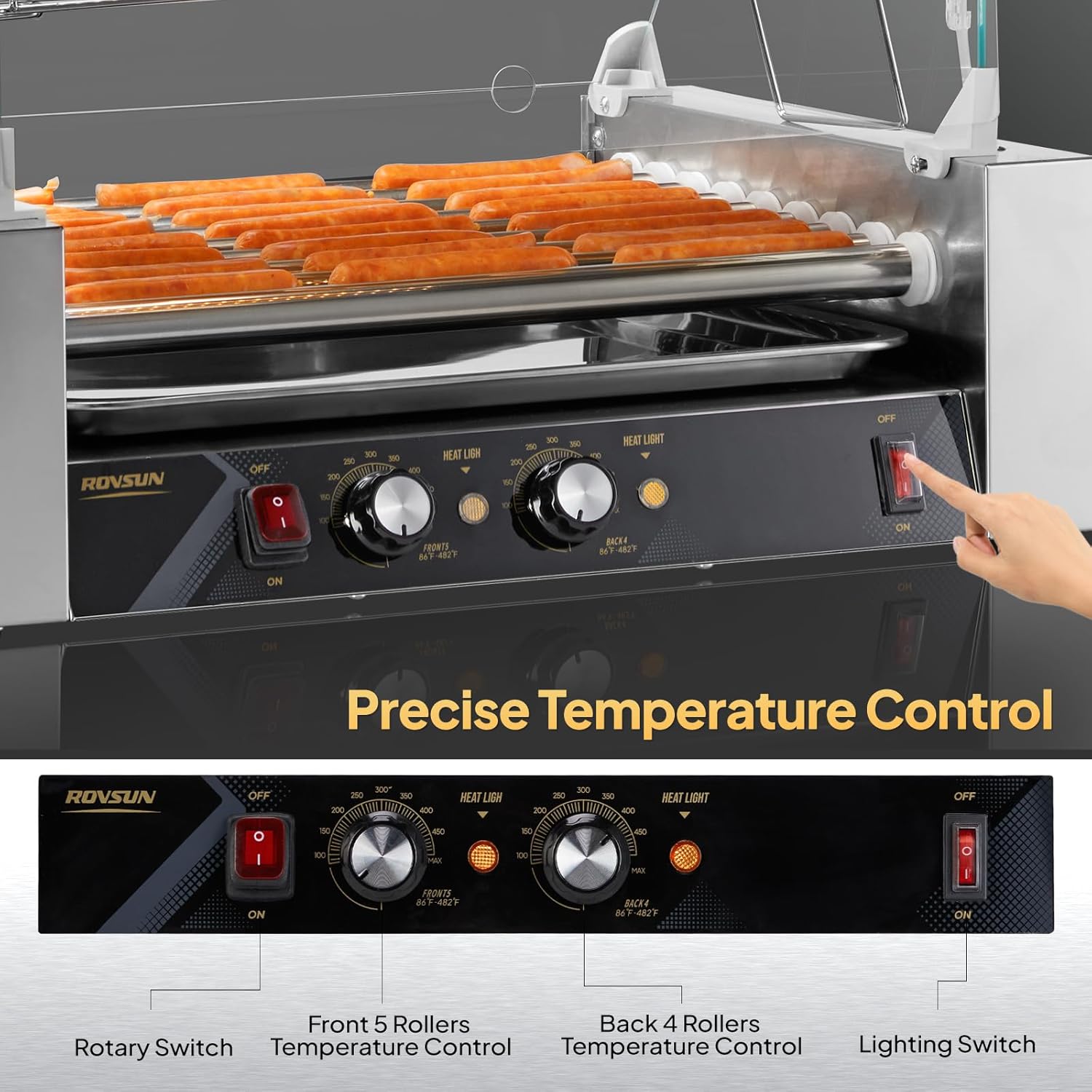 24 Hot Dog 9 Roller 1350W, Hot Dog Roller Grill Cooker Machine w/LED Lighting, Dual Temp Control, Cover, Removable Shelf & Drip Tray for Home Party Commercial ETL Certified