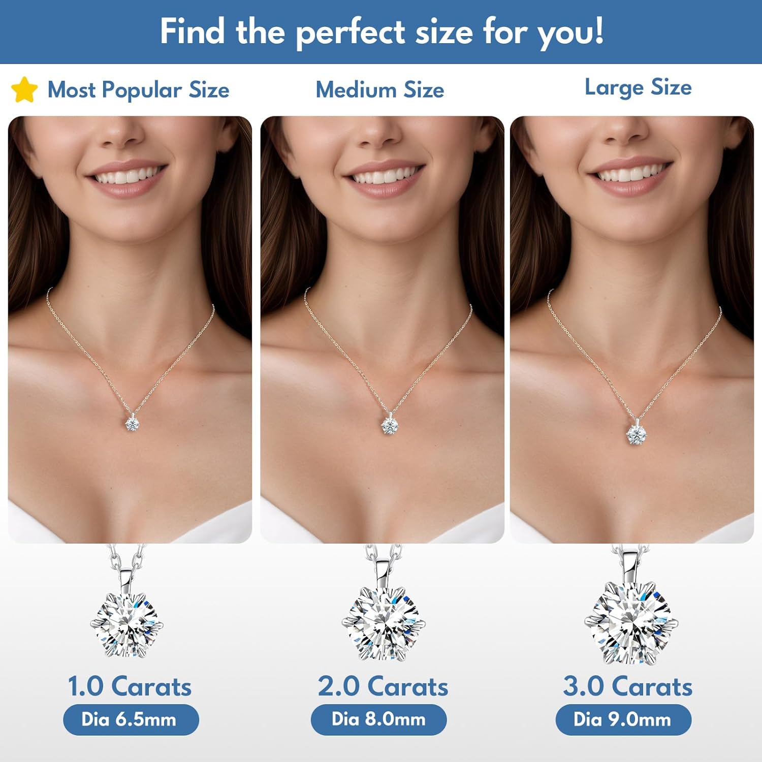 Moissanite Solitaire Necklace for Women, 1–3 Carat Lab Diamond, D Color VVS1, Crown Hollow Side & Heart Back, 925 Silver 17+2" Chain, Gift for Wife, Mom, Girlfriend or Yourself on Anniversary Birthday Wedding - Image 6
