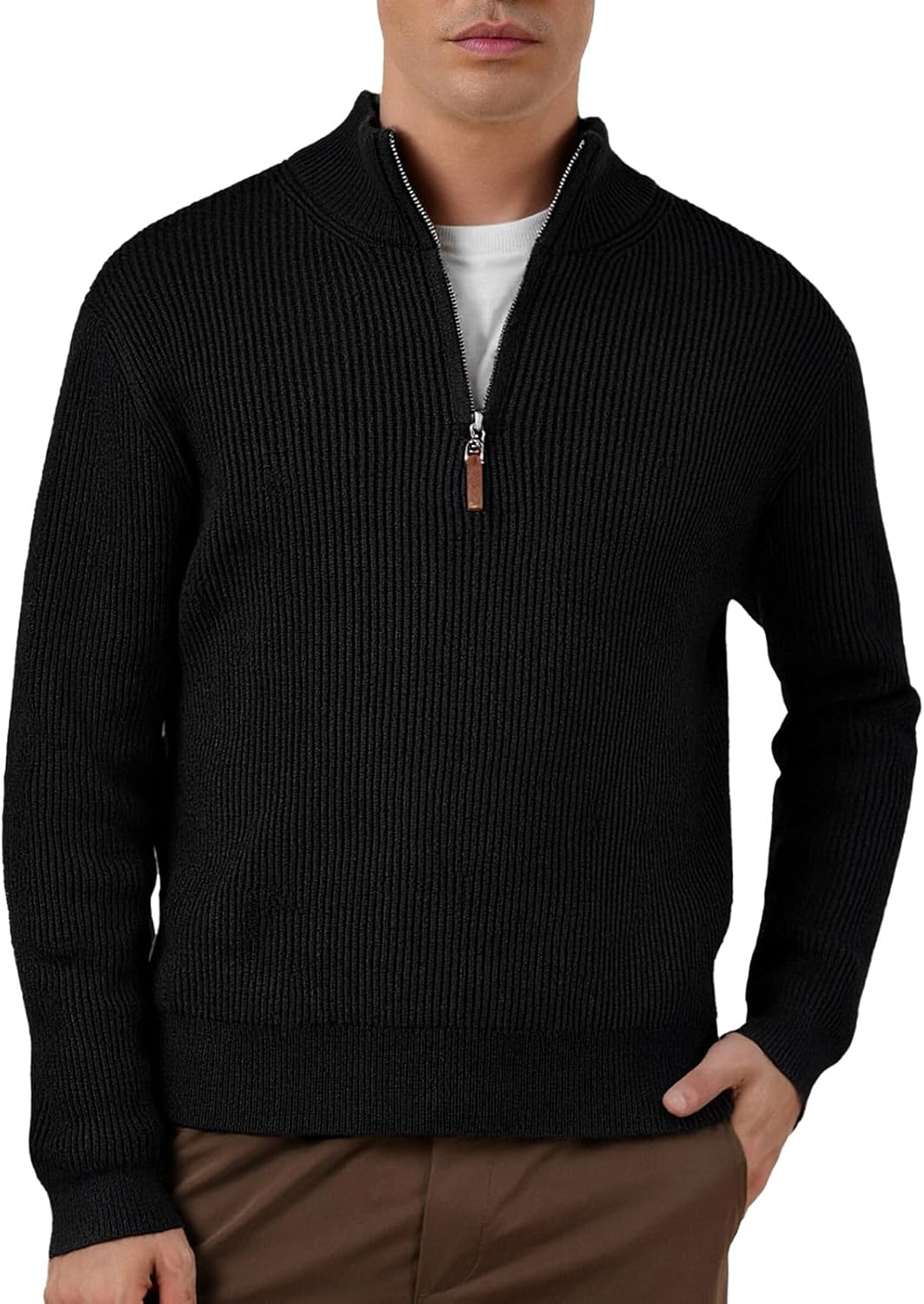 VPG Mens Quarter Zip Sweater, Regular Fit Lightweight Mock Neck Knit Striped Texture Polo Long Sleeve 1/4 Zip Pullover