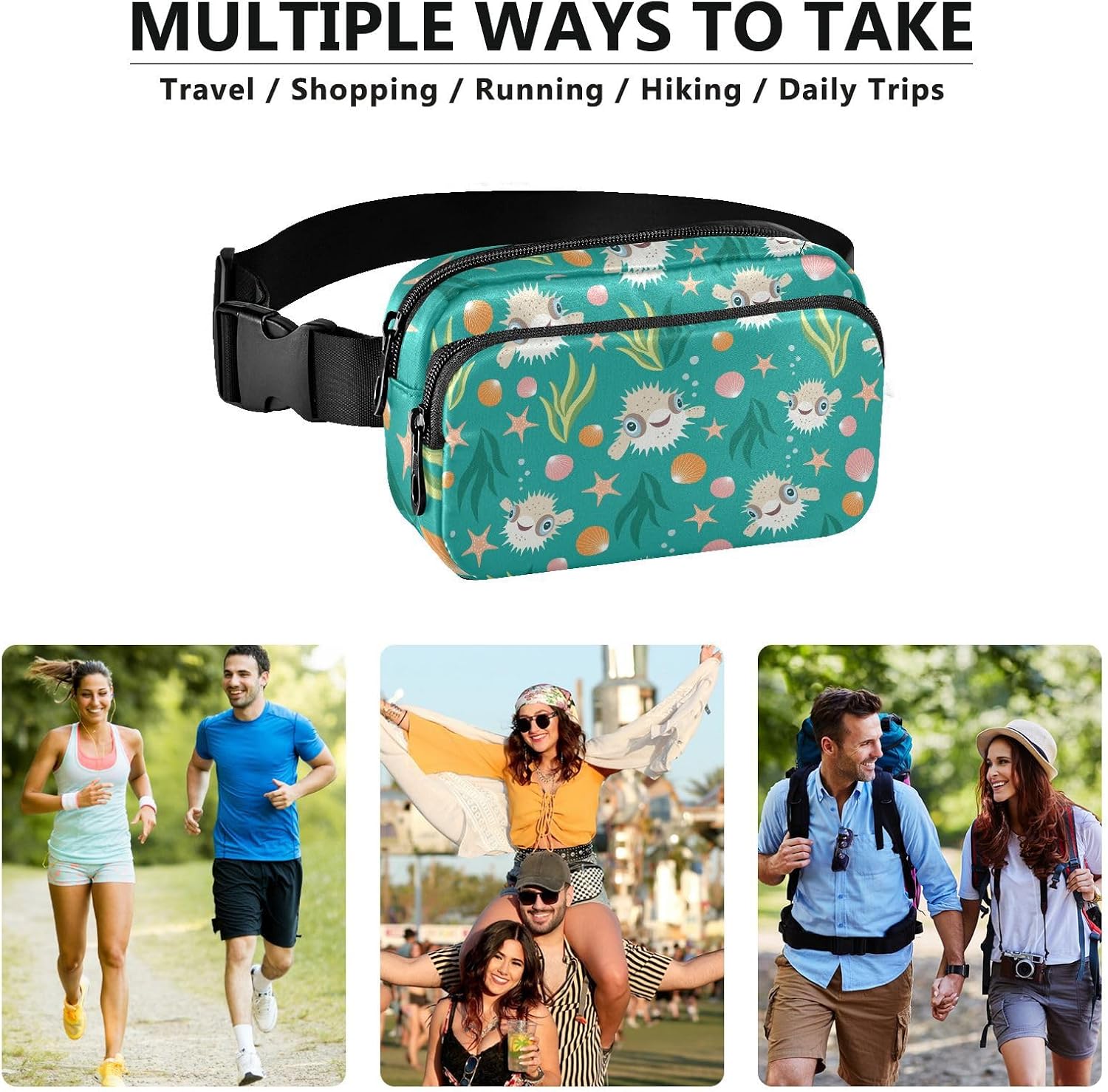 Puffer Hawaiian Fish and Seaweed Fashionable Fanny Pack Waist Bag for Men Women Multipurpose Croose Body Purse with Adjustable Strap for Travel Vacation Running