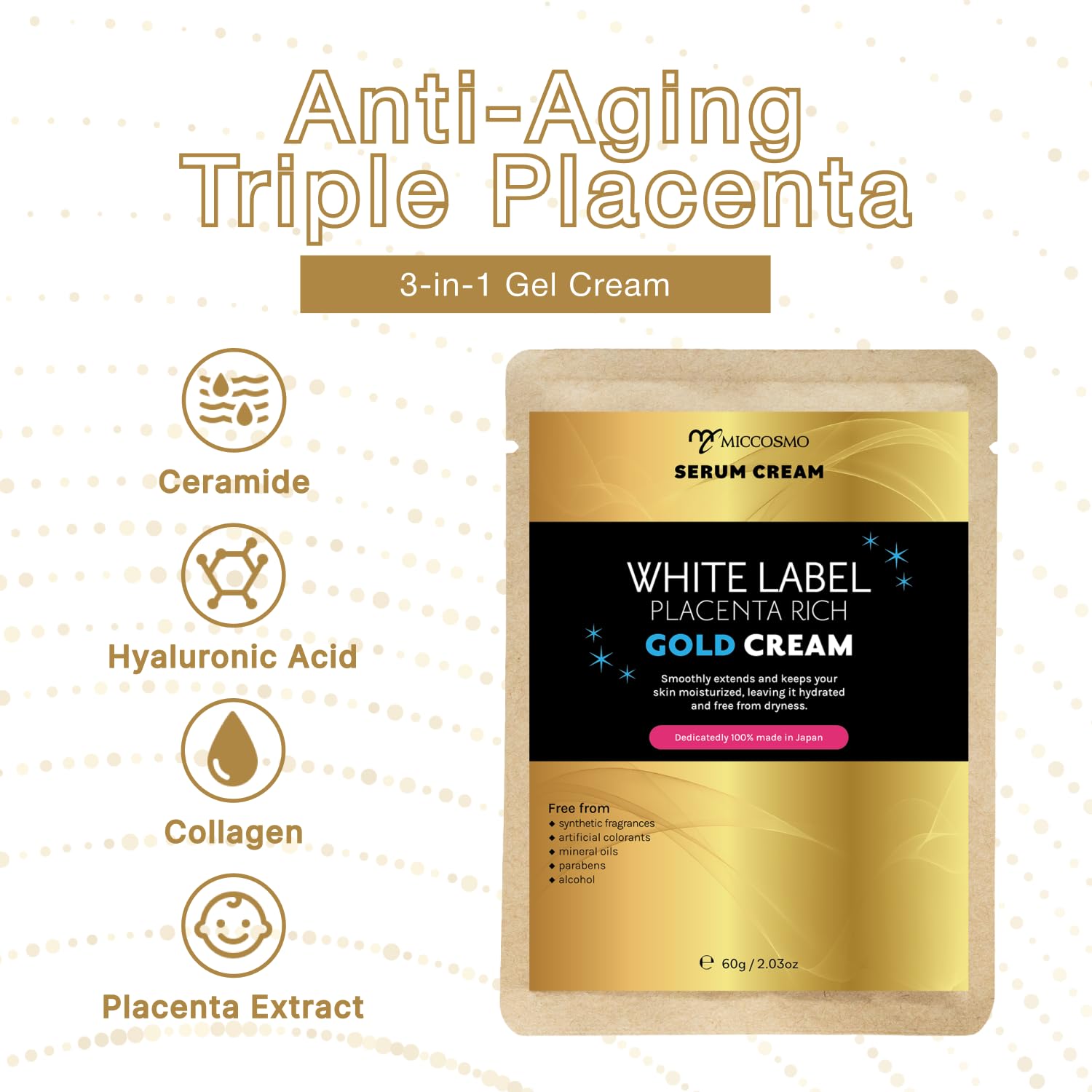 White Label Placenta Rich Gold Gel Cream 60g – Moisturizer with Placenta, Hyaluronic Acid & Collagen – 3-in-1 Hydrating Gel Cream for Smooth, Supple & Hydrated Skin