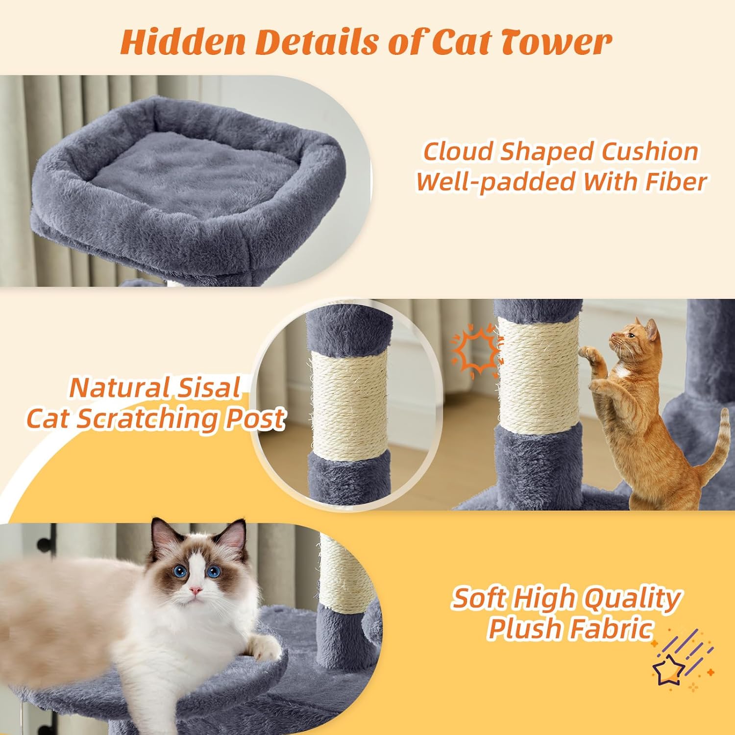 Cat Tree 54 Inch, Multi-Level Cat Tower with Condo, Perches, Sisal