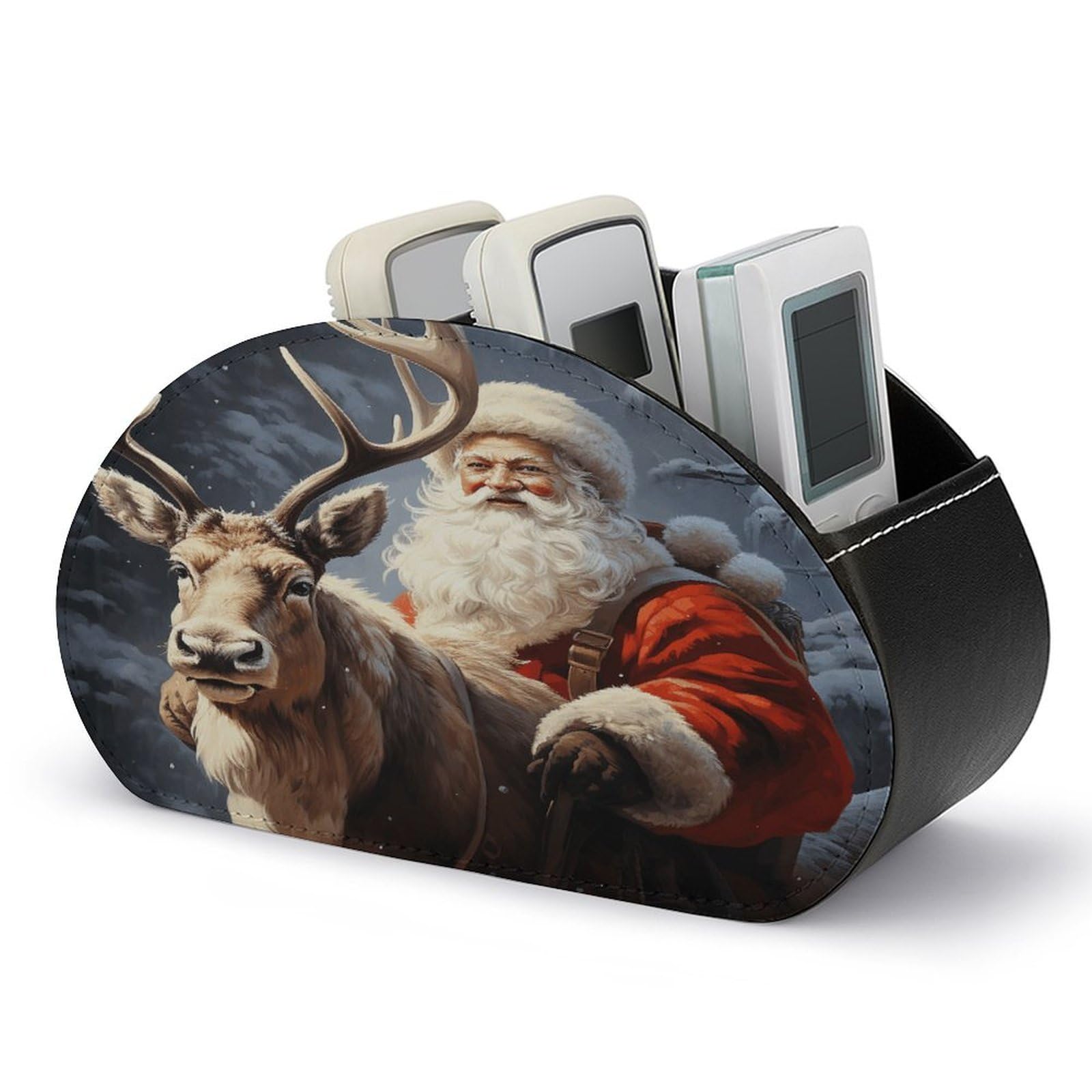 VstaDank Santa Claus And Deer Elk Remote Control Holder Farmhouse TV Media Remote Storage Box with 5 Compartments PU Leather Remote Caddy Desktop Organizer for Home Bedside Table Organizer