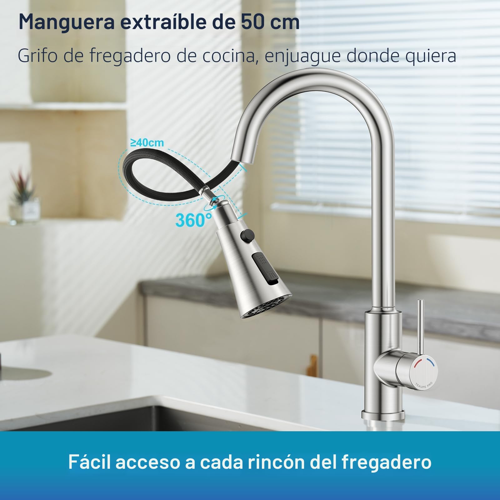 YEAUPE PRO Grifo Cocina Extraible - Grifos Cocina Fregadero con Caño giratorio de 360°,3 Modos Monomando Acero Inoxidable Torneira Cozinha,Cabezal Rociador de ABS, para Fregadero Cocina 1 Agujero