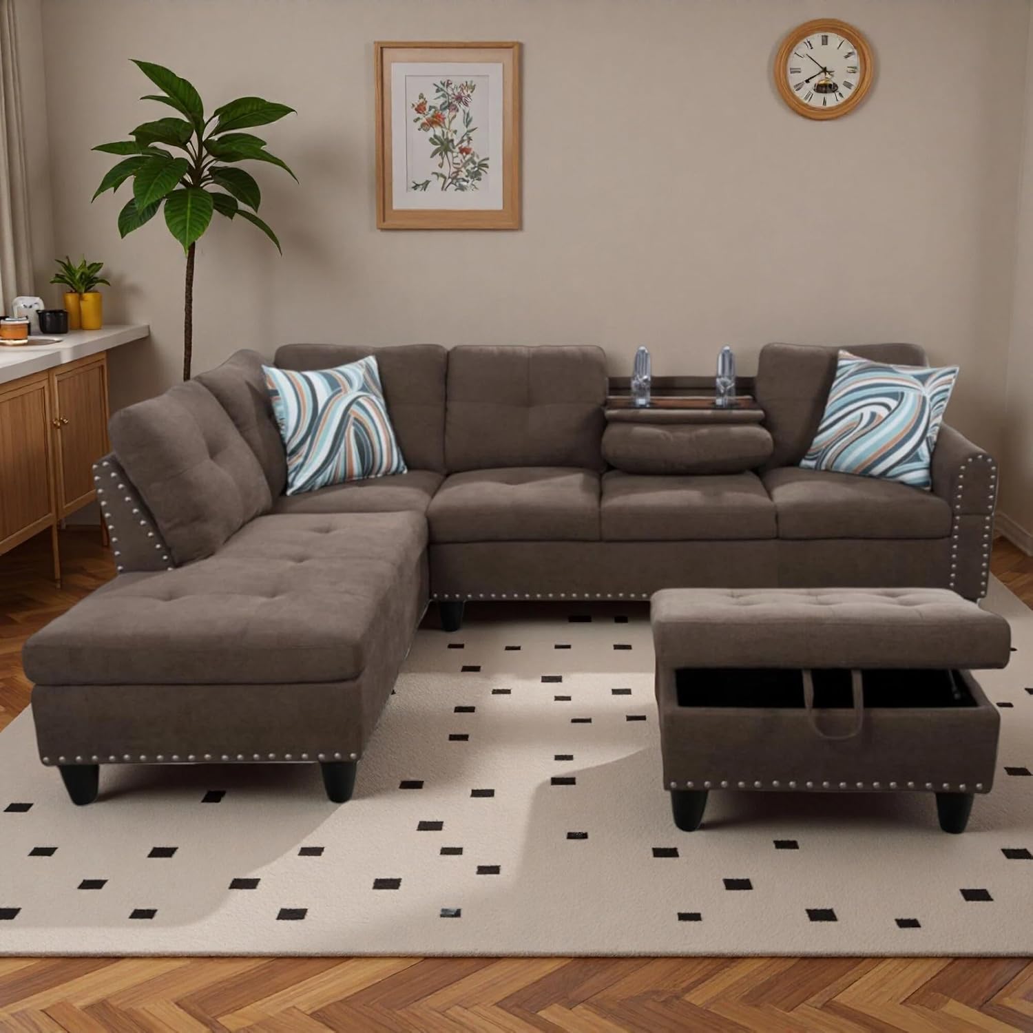 97" Linen 4-Seat L-Shaped Sectional Sofa with Movable Chaise & Storage Ottoman - 3-Piece Modular Convertible Couch for Living Room, Bedroom, Apartment & Office, Brown