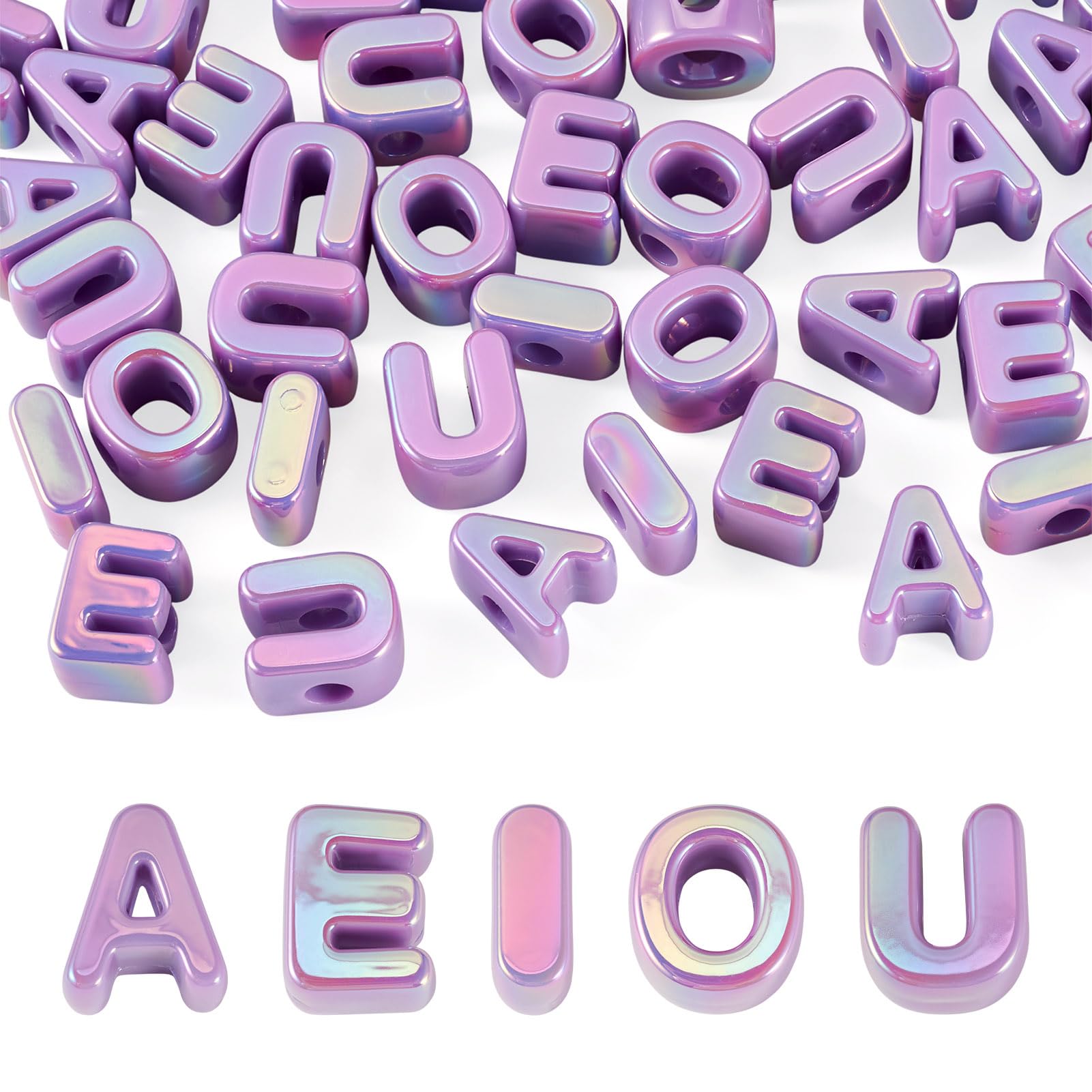 Craftora 50 Pcs Vowel Letter Beads Acrylic Alphabet Beads A/E/I/O/U Initial Bead Iridescent Loose Spacers for DIY Craft Keychain Jewelry Making, Blue Violet