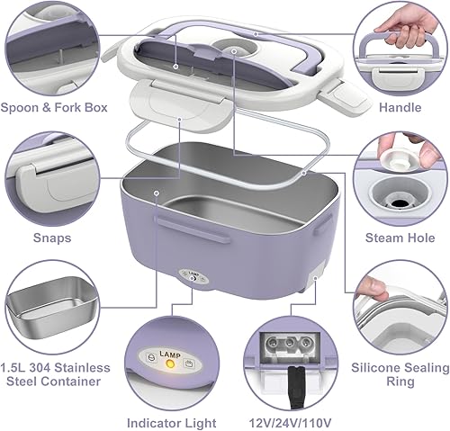 Miniatura 6 de Lonchera eléctrica morada, calentador de alimentos de 60 W-80 W, lonchera térmica para mujer, 12 V, 24 V, 110 V, portátil, para automóvil, camión,
