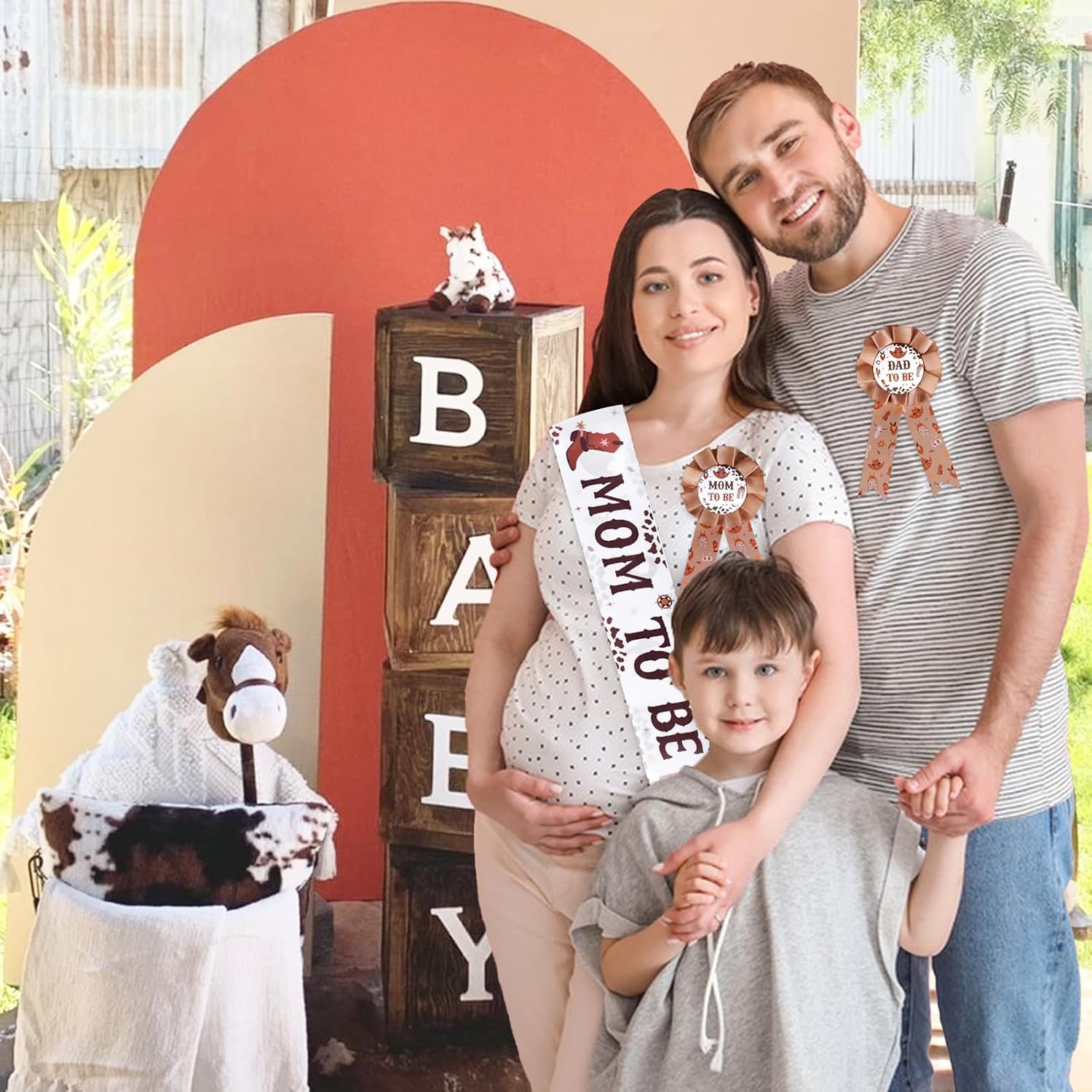 Brown Western Cowboy Baby Shower Decorations - Mom to Be Dad to Be Tinplate Badge Pins, Mom to Be Sash for Daddy and Mommy Cowboy Baby Shower Party Favors, Wild West Theme Party Supplies