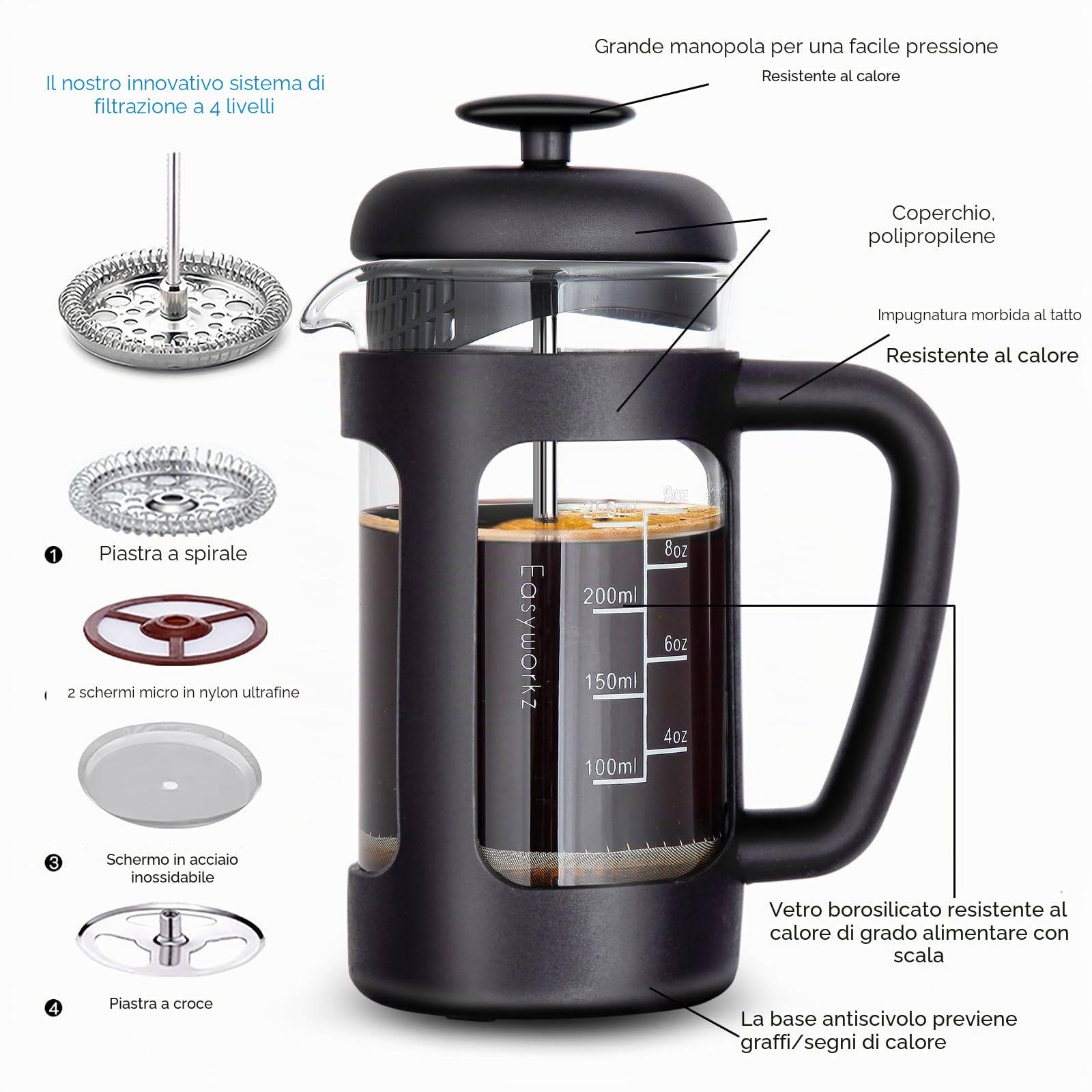 Easyworkz francese Pressa 350ml Bollitore per tè e caffè con vetro borosilicato, impugnatura morbida