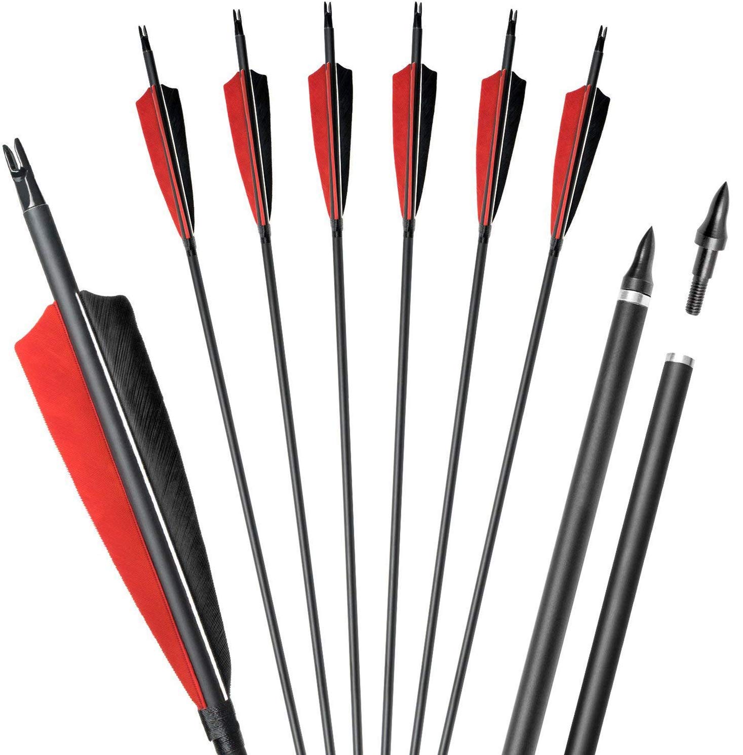 GUU 31 inch Feather Carbon Arrows 5" Feather Fletched with Replacement Screw-in Broadheads Archery Hunting/Targeting Arrows for Recurve Bow,Longbow and Traditional Bow