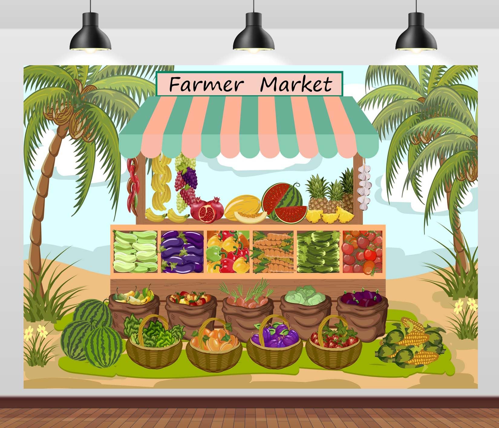 CORFOTO 7x5ft Cartoon Farmer Market Backdrop Vegetables and Fruits Stand Backdrop Street Farm Market Photography Background Vegetables Stand Photo