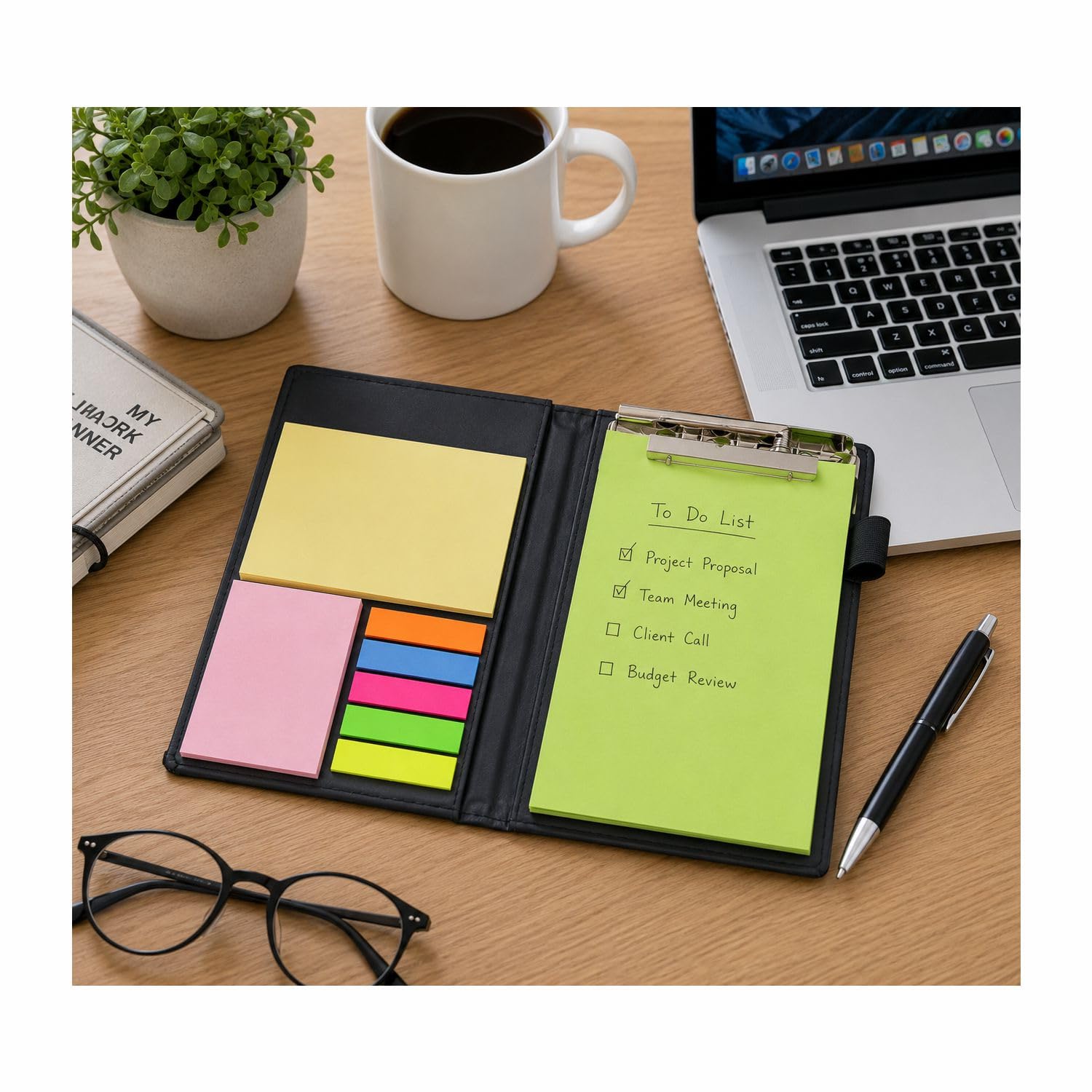 COI Memo Note Pad Organizer | Diary Style To-Do List Planner with Sticky Notes, Clip Holder & Pen | Desk & Office Organizer Notebook (Neon)