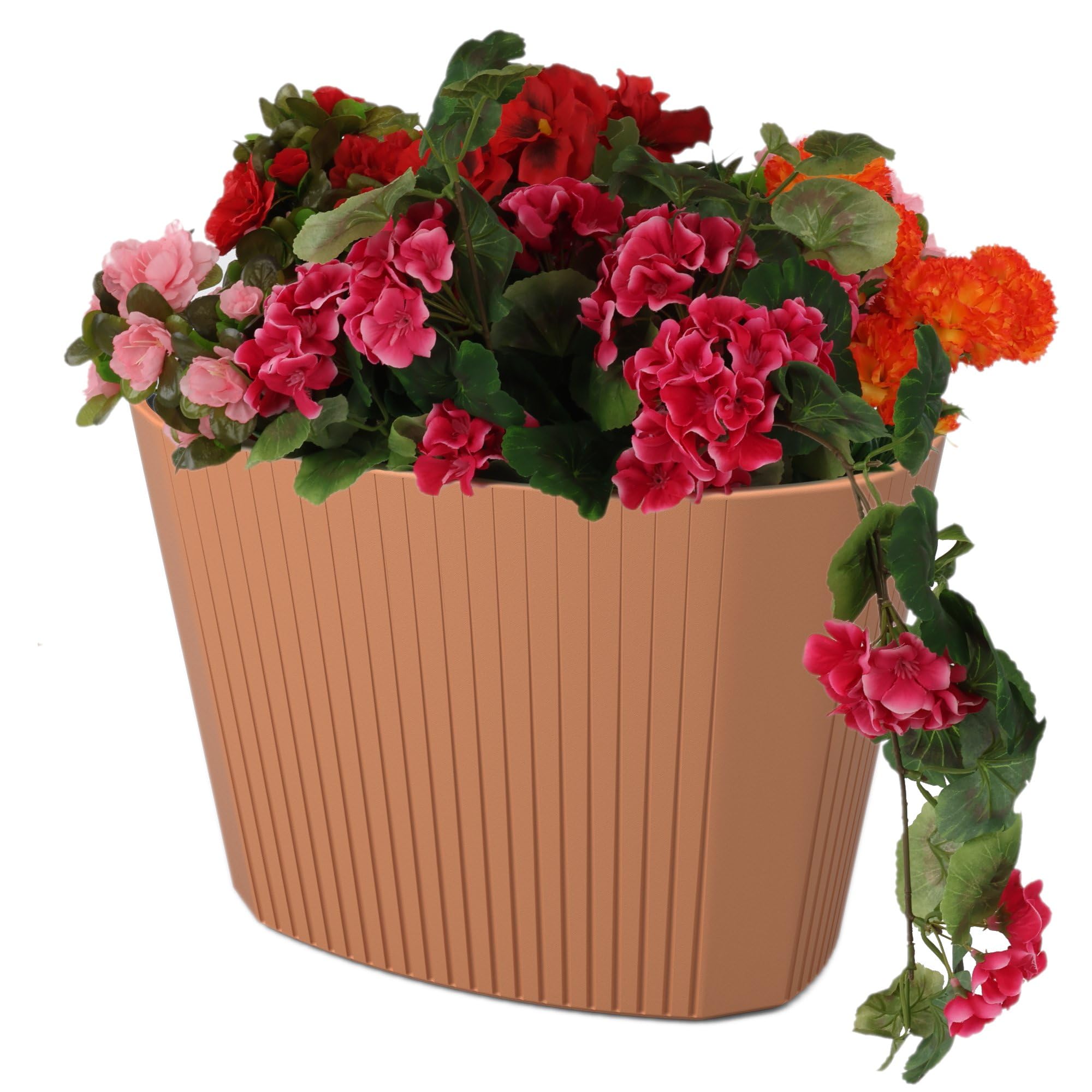 botle Pot de fleurs avec grand insert - Couleur terre cuite - Ovale - 59,5 x 39 cm - Hauteur : 41 cm - Surface rainurée - Plastique mat - Moderne - Glamour - Pour terrasse, jardin, balcon