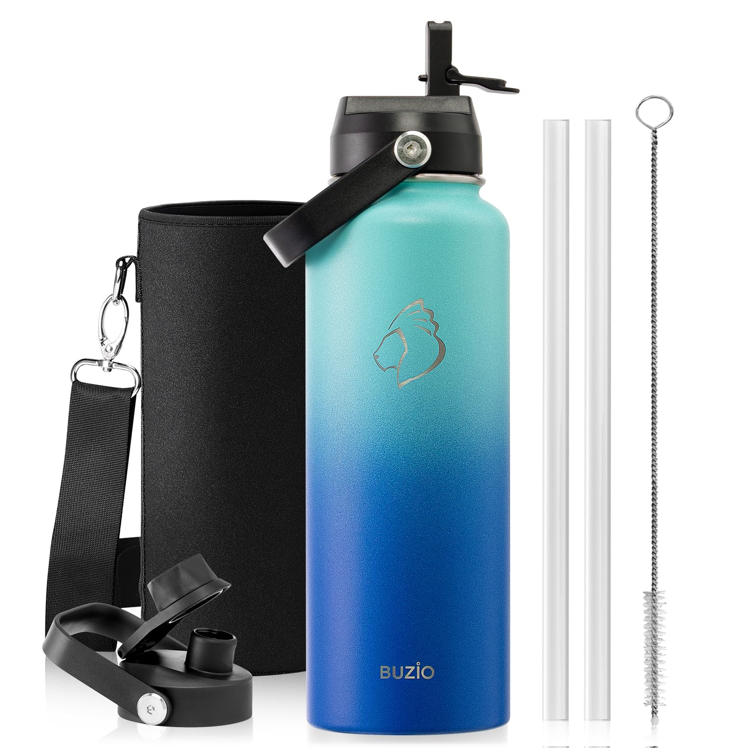 BUZIO Insulated Water Bottle with Straw, 40 oz Stainless Steel Sports Wide Mouth Water Bottle, BPA-Free Flex Cap and Straw Lid, Wide Mouth BPA-Free Sweat-Proof Sports Water Flask, Keep Hot Cold