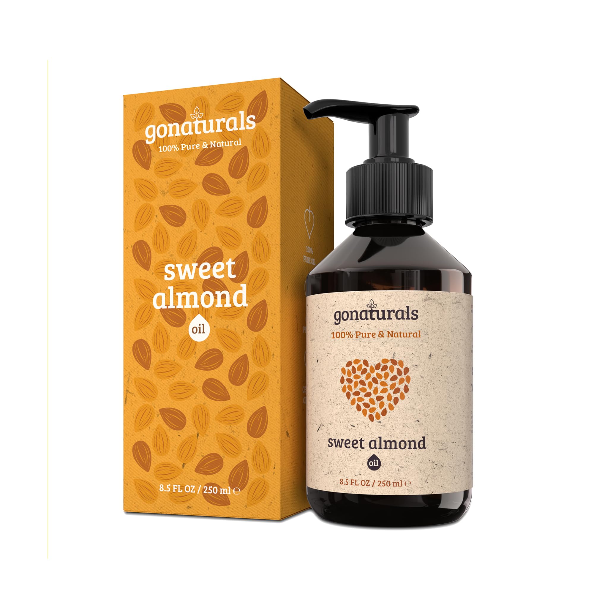 GONATURALS Sweet Almond Oil for Skin, Hair, & Face, 250ml – 100% Pure, Anti-Aging, Hydrating - Scalp, Lips, Beards, Nails, Tattoos, Aromatherapy, Body Massage, Made in Germany