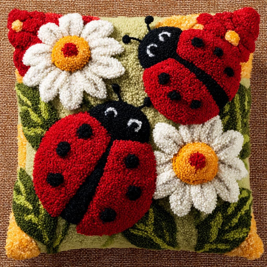 Henypt DIY Latch Hooking Pillow Kits Flowers and Ladybugs