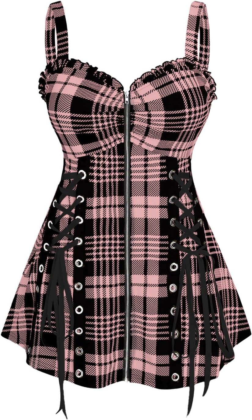ROSE GAL Womens Plus Size Curve Lace Up Full Zipper Plaid Tank Tops Gothic Sleeveless Strap Tank Top