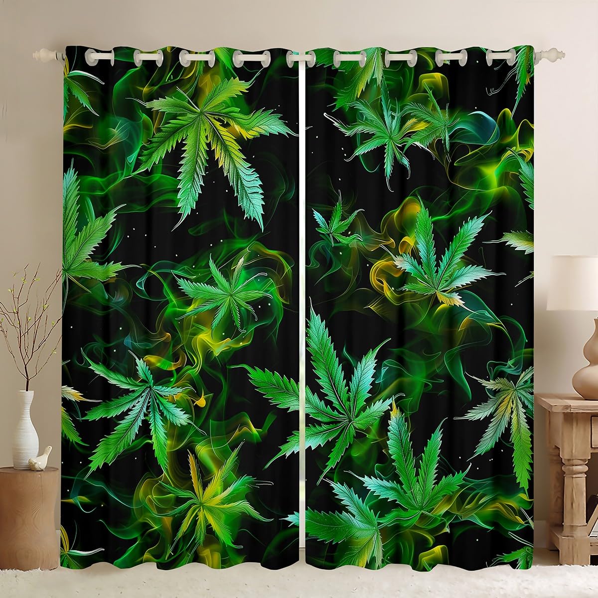 Cannabis Leaves Window Curtains,Green Marijuana Leaf Weed Psychedelic Curtain Set of 2 Panels,Neon Yellow Green Fog Smoke Trippy Window Drapes for Living Room Adults Teens,42Wx90L Inches
