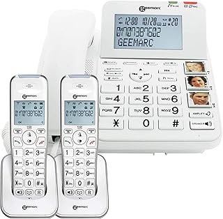 Geemarc Amplidect 295 Combi Twin - Corded Phone + Twin Cordless Handset - Loud Home Phone System with Big Buttons, Amplified Ringer, Indicator, & Locator - Hearing Aid Compatible - T-coil
