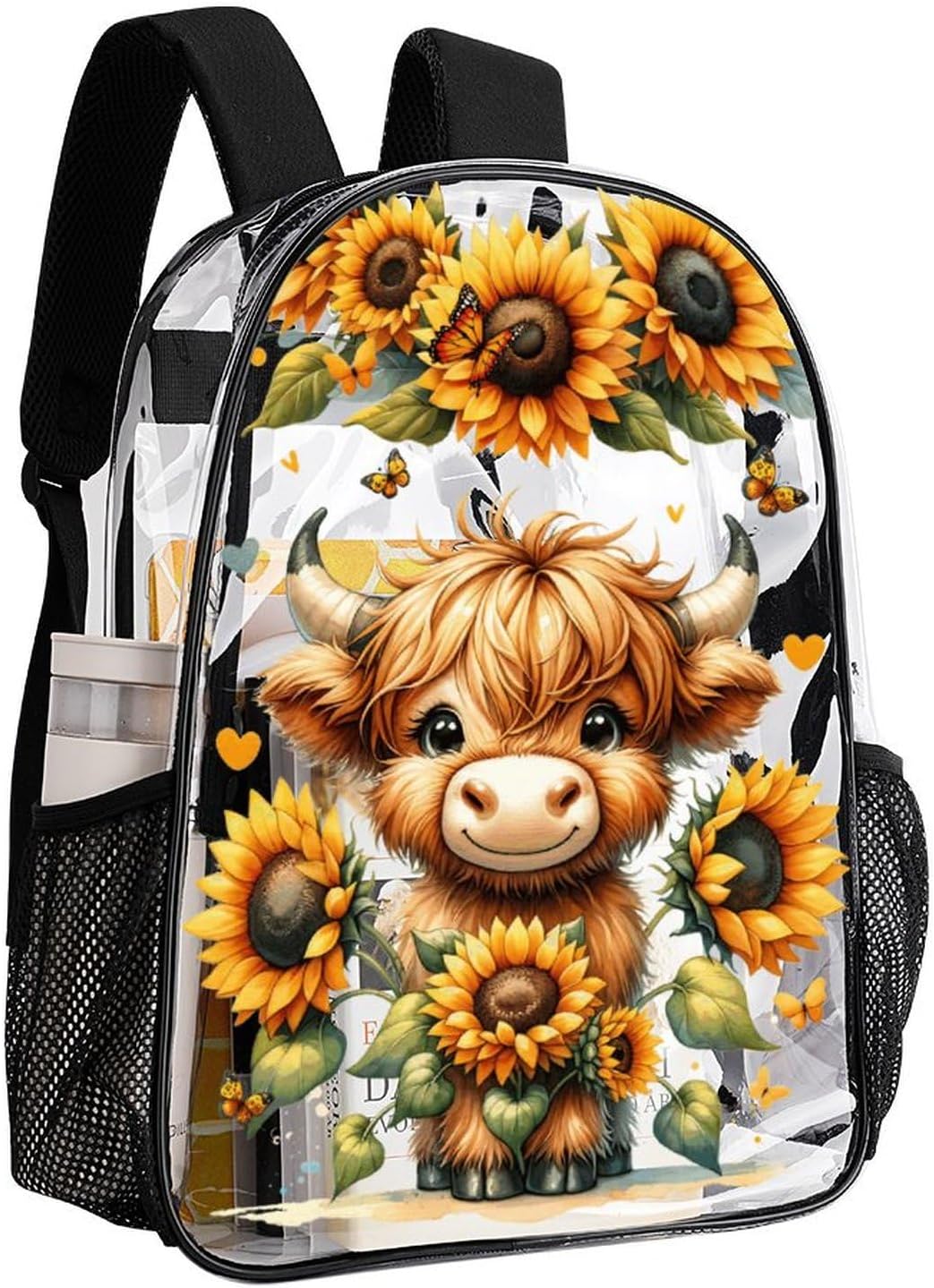 Highland Cow Clear Backpack Heavy Duty for Girls Kids Boys Women Men - Large Cute PVC Highland Cows Theme Printing Transparent Backpacks for Schools Stadium Concerts Work - Clear/Black