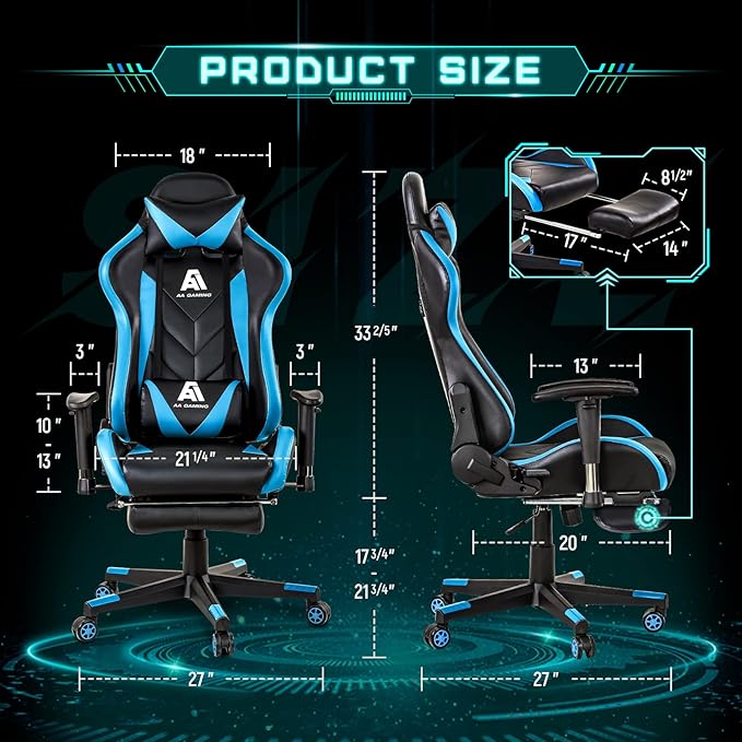 Gaming Chair High Back Ergonomic Computer Racing Chair Adjustable Office Chair with Footrest, Lumbar Support Swivel Chair - Upgraded Version BlackBlue