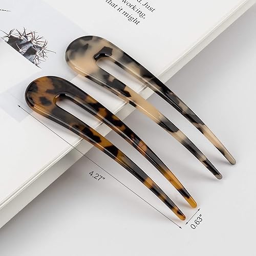 Miniatura 2 de OIIKI Paquete de 4 horquillas de pelo en forma de U de acetato de celulosa, horquillas y palos para cabello largo, 2 puntas, para mujeres y niñas