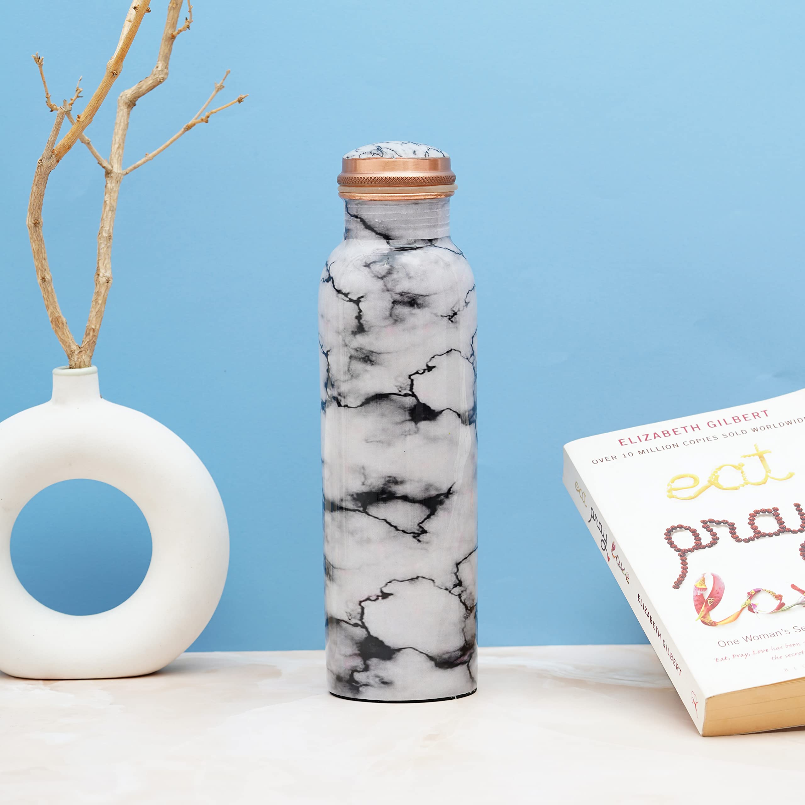 Craft Trade Pure Copper Water Bottle (34 Oz) – 100% Pure Copper Bottle for Drinking with Ayurvedic Health Benefits – Handcrafted in White Print - Leak-Proof, BPA-Free, Heavy-Duty with Jute Carry Case