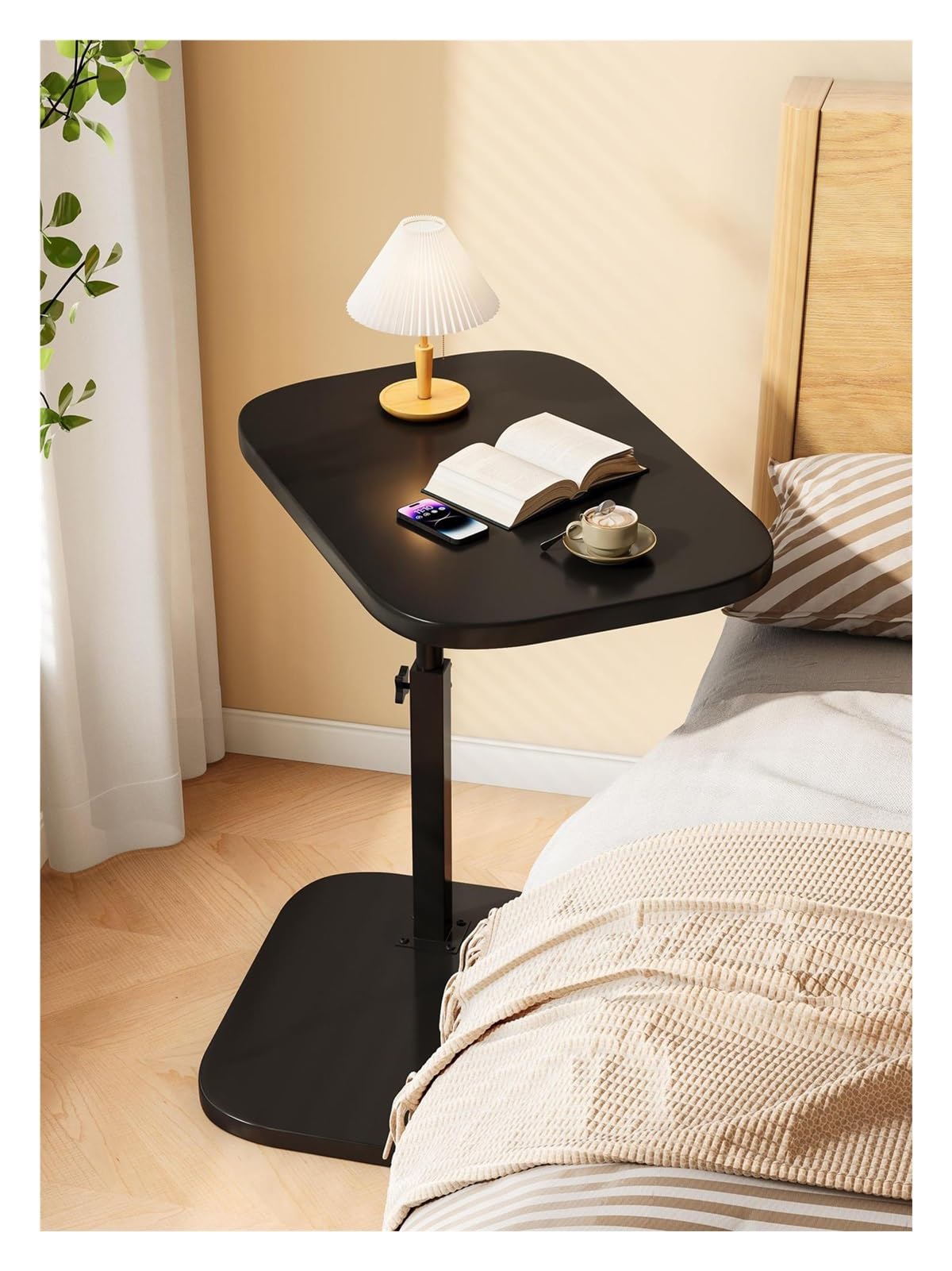 C Shaped Side Table,New Adjustable Height C Shaped End Table,360°Swivel Couch Side Tables for Small Spaces,Bed Side Table for Sofa/Bathtub,Rotating Tabletop(Black)