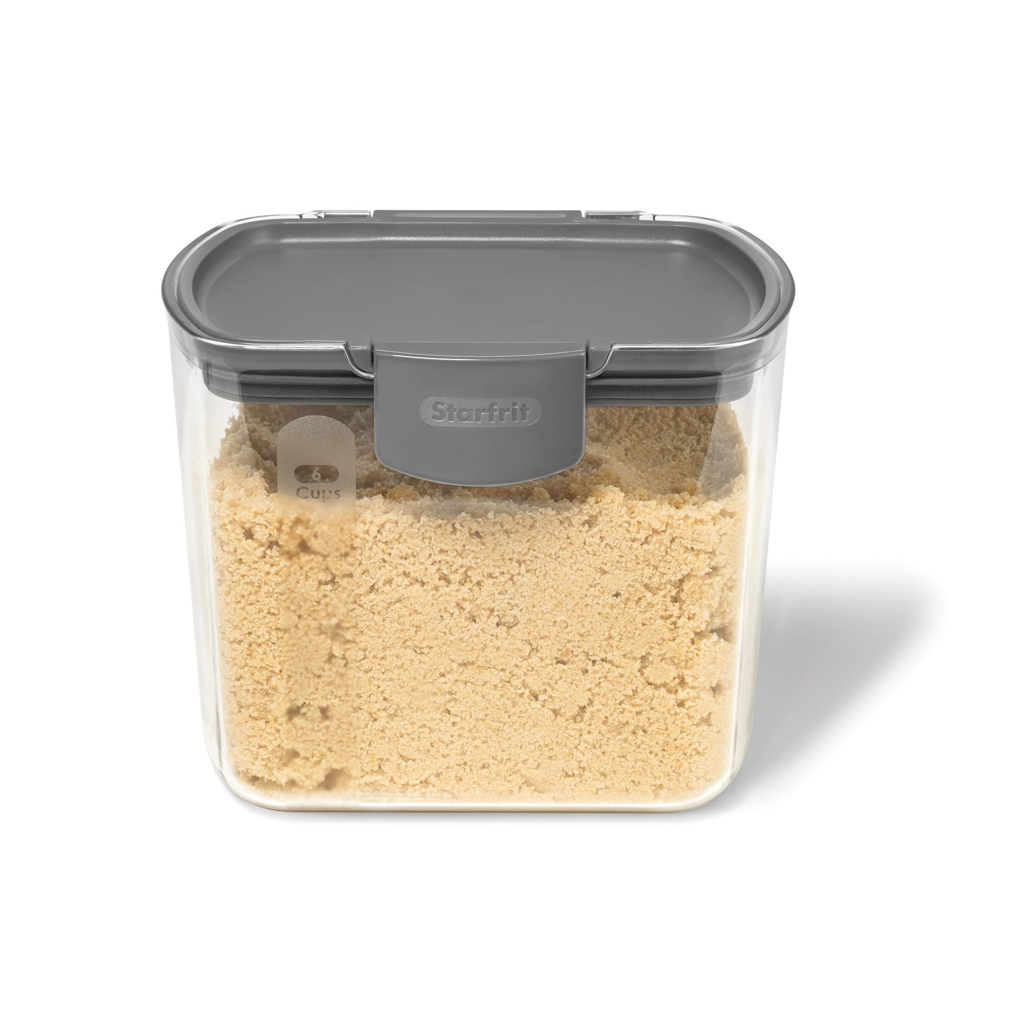 Close-up of the Starfrit PROKEEPER brown sugar container showing its graduated measurements and airtight lid.