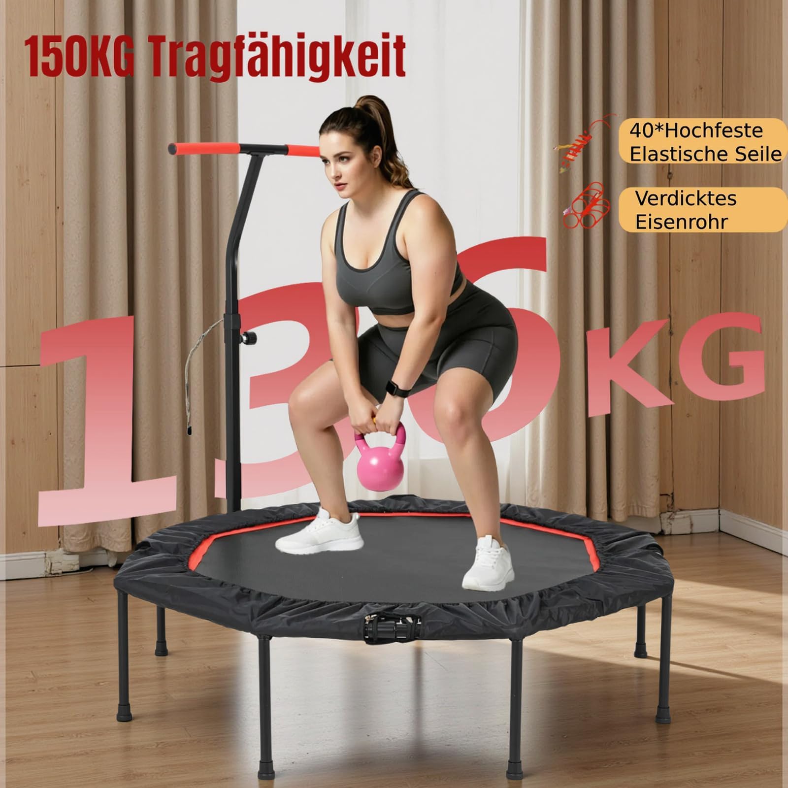 LIFERUN Mini Trampoline d'intérieur pour Adultes Ø 128 cm,Petit Trampoline de Fitness,Saut rebondissant,Capacité de Charge 150 kg,Corde en Caoutchouc,Poignées réglables en Hauteur,Maison, Rouge