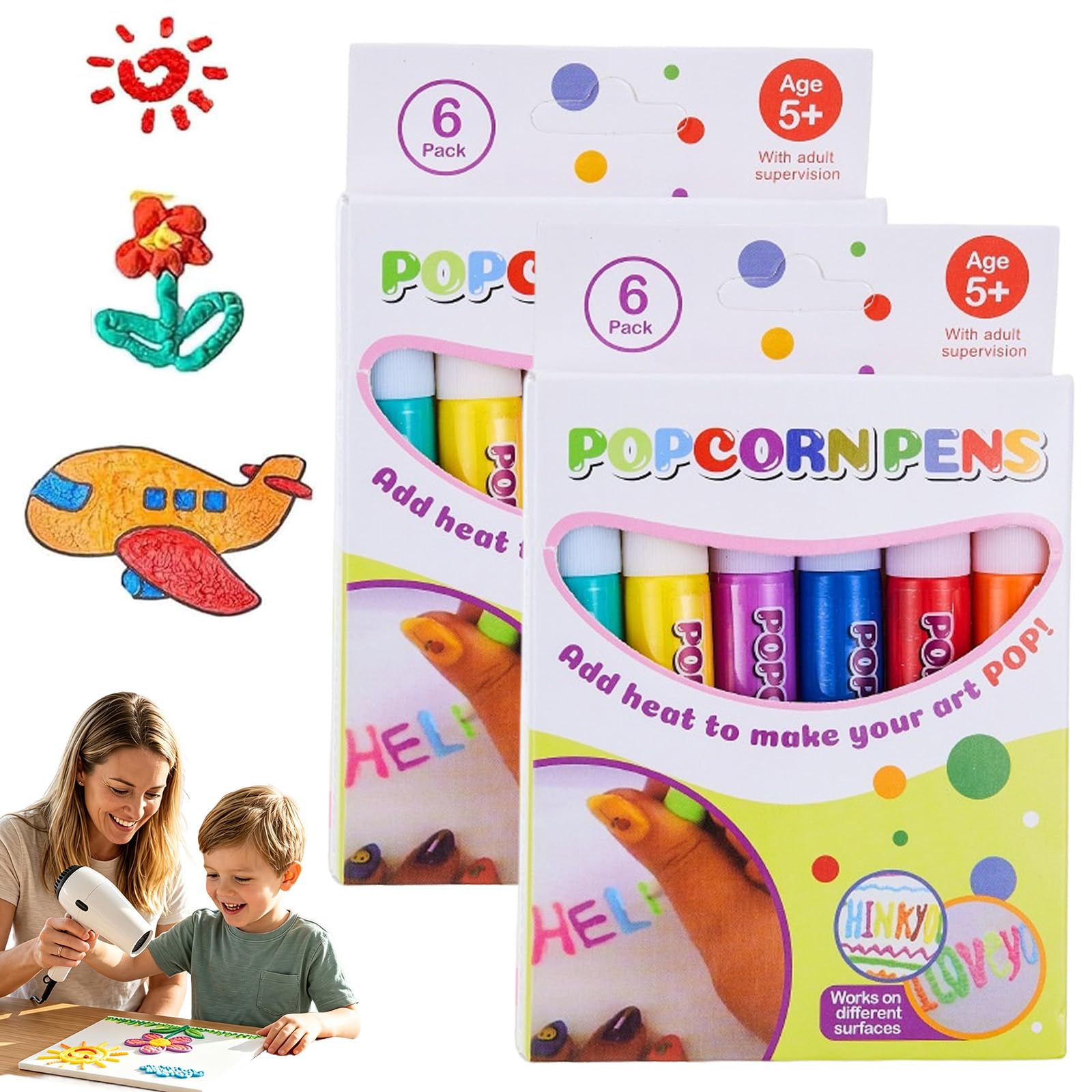 Knubbuf Magic 3D Bubble Popcorn Pens for Kids - 18 Pcs Puffy Paint Drawing Pens Kit, DIY Art Craft Supplies for Greeting Cards, Scrapbooking and Birthday Gifts，2Pcs