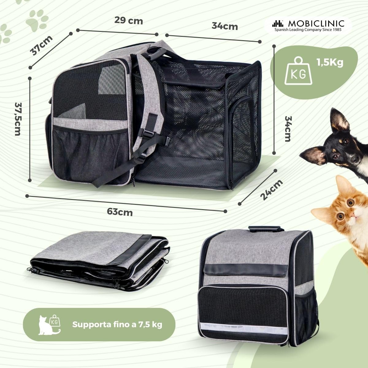 Mobiclinic® Pets, Zaino per Animali Domestici, Tula, Pieghevole, Ventilazione, Tasche, Include mangiatoia e Sacchetti, Accesso Multiplo, 37x29x37,5 cm, Trasportino per Cani e Gatti