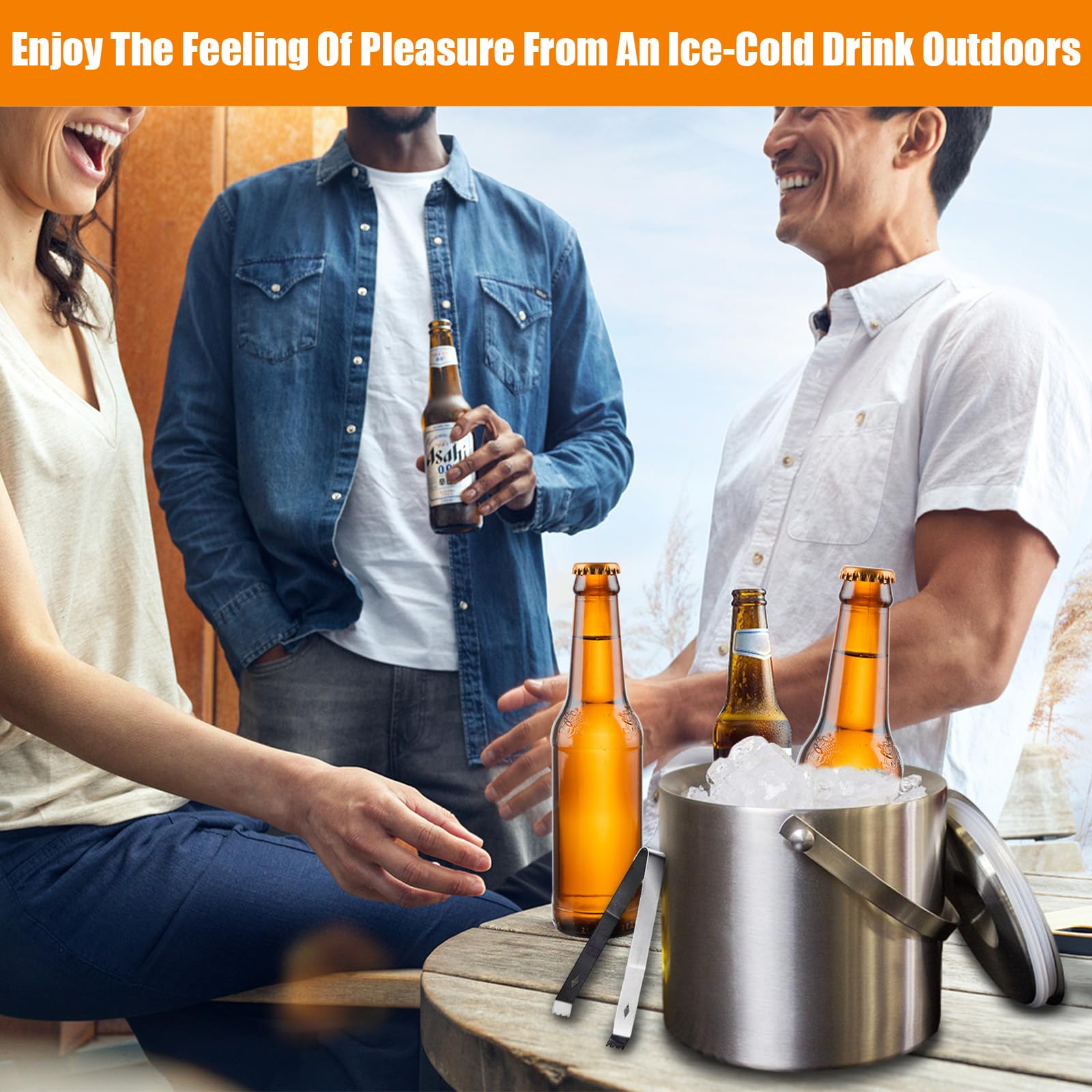 3L Cubiteras Acero Inoxidable con Tapa Hermética Colador & Pinzas, Cubo Hielo Aislamiento Pared Doble, Contenedor Cubitos Redondo para Bar Casa, Cumpleaños Fiestas Picnics, Champanera, Vino, Cocktail