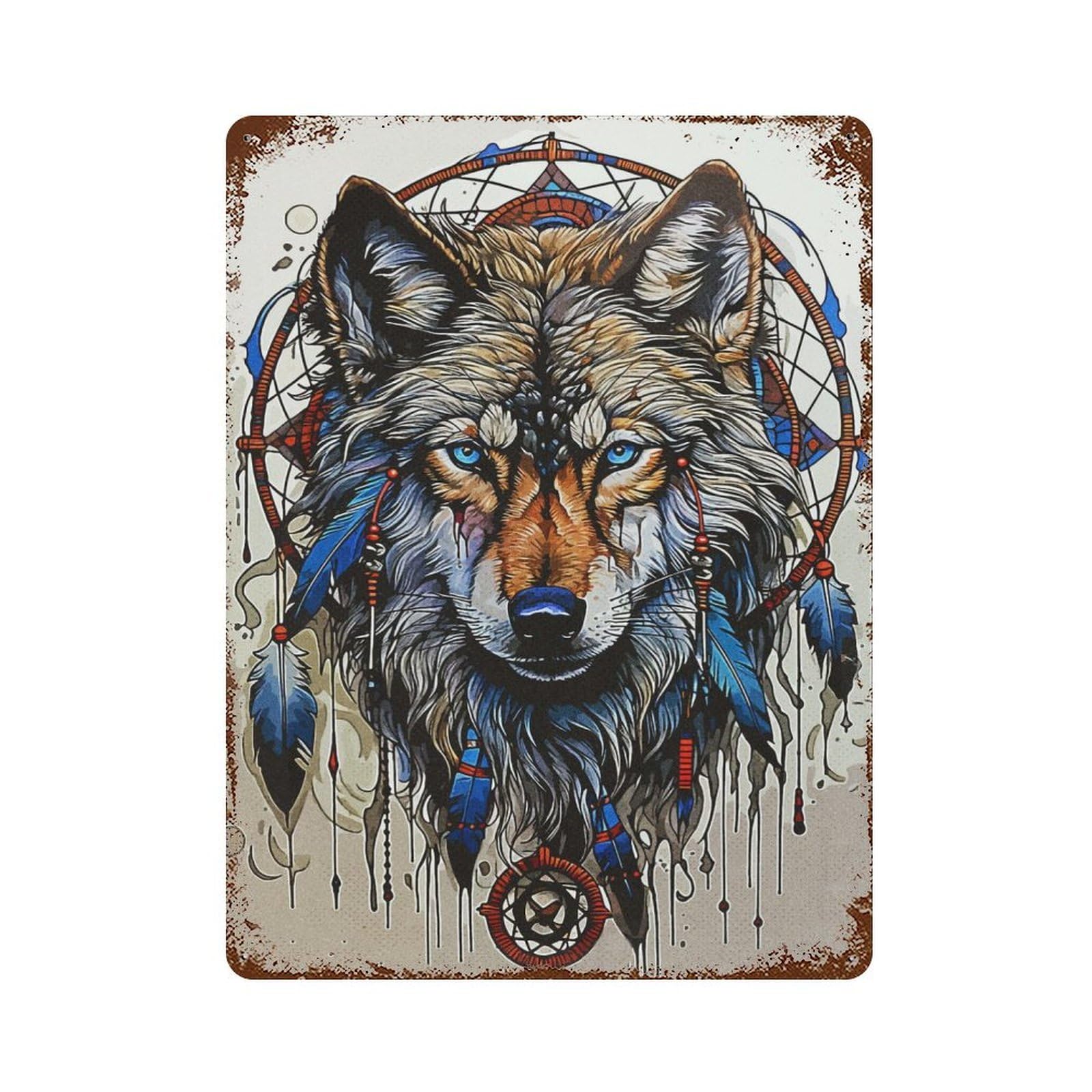 Weathered Tin Sign Dream Catcher Wolf 15.7"x11.8", Rustic Home Decor for Bistro, Counter And Cafe Decor
