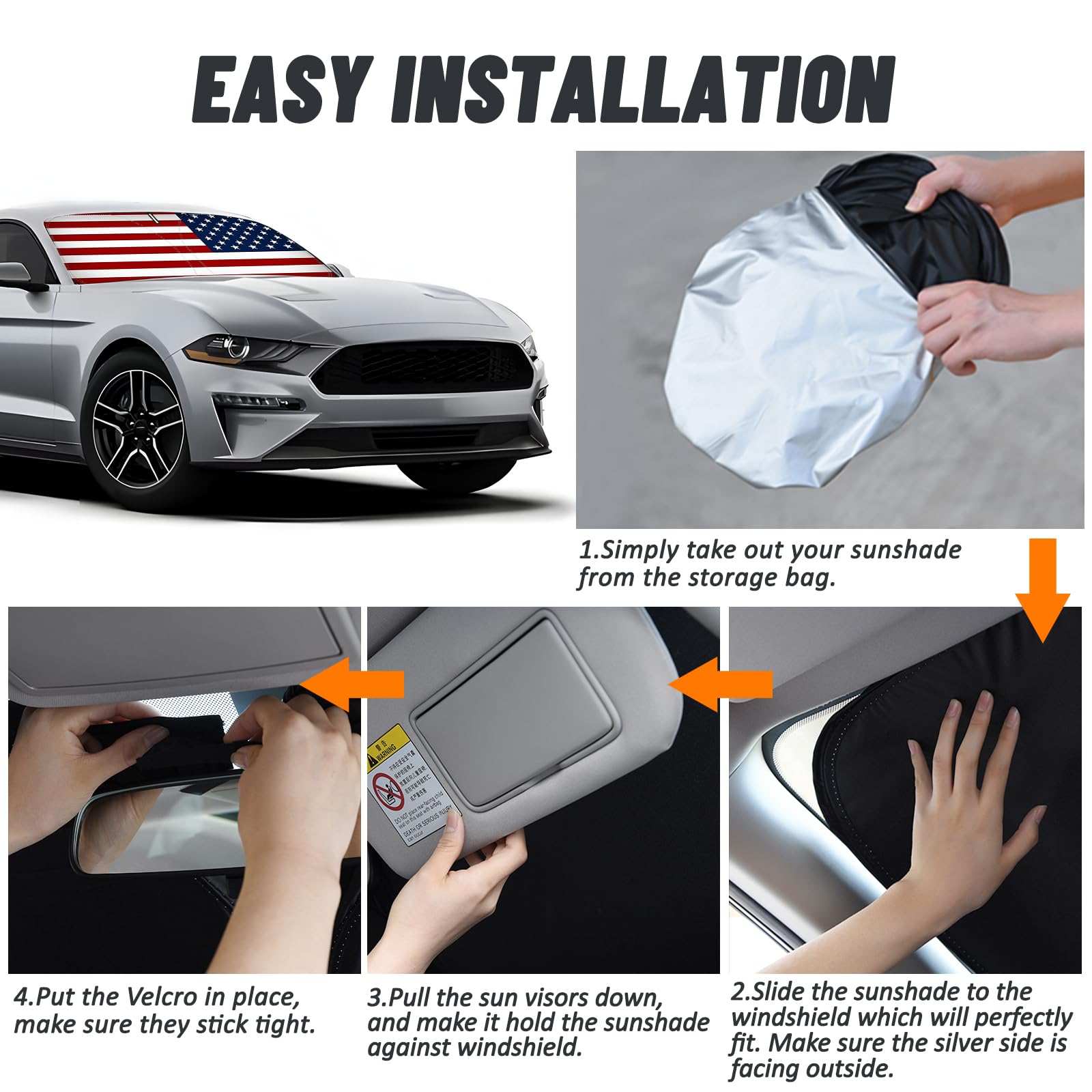 D-Lumina Pare-Soleil pour Pare-Brise Drapeau américain pour Fo-RD Mustang 2015-2023 (ne Convient Pas pour Fo-RD Mustang Mach-E), Pare-Soleil de fenêtre Avant, Pare-Soleil Bloque Les Rayons UV de la