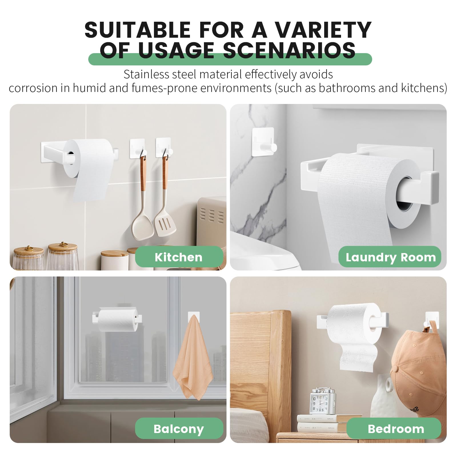 YUNISS Portarrollos Baño Acero Inoxidable 304, 1 Piezas Portarrollos Papel Higiénico + 2 Piezas Ganchos para Toallas, Adhesivo Porta Rollo Sin Taladro para Baño y Cocina -Blanco