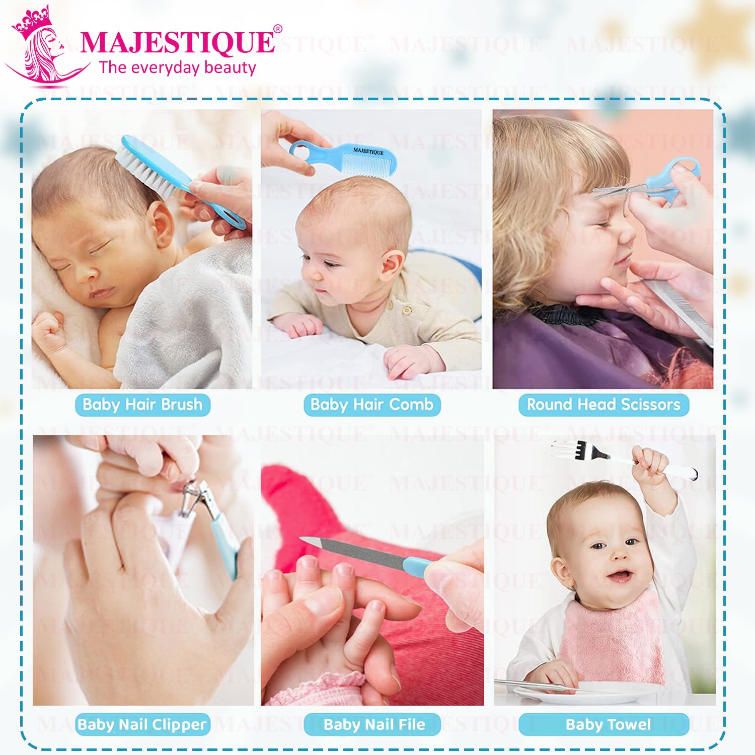 Majestique Baby Grooming Set, Baby Hair Brush, Comb, Nail Clipper, Nail File and Soft Baby Towel, Baby Grooming Kit for New Born Baby, Toddlers Infant Girl Boys Keep Clean (7 in 1) 2