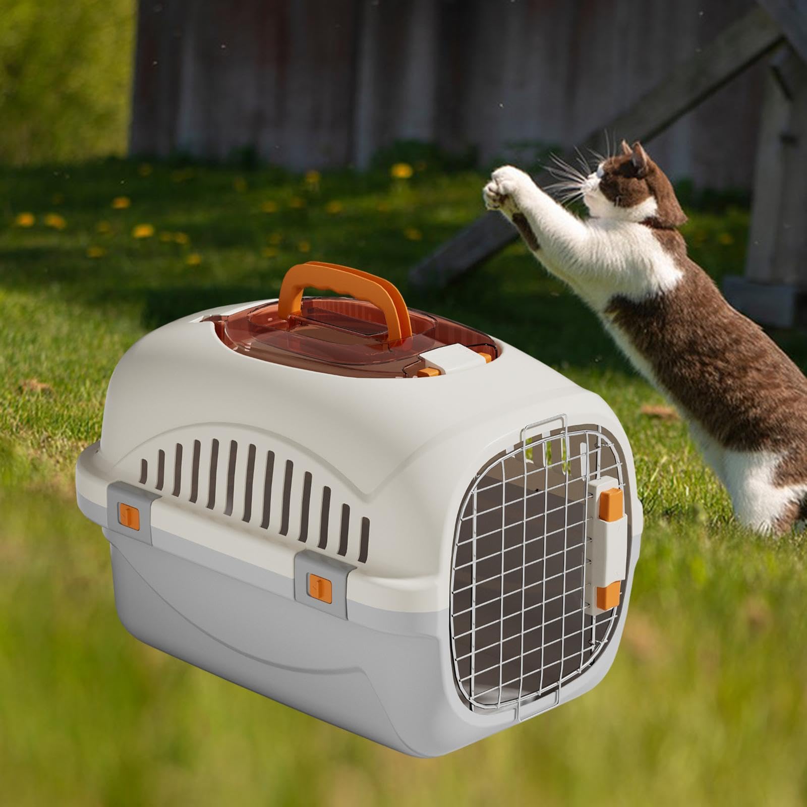 Transportín para Gatos, Caseta Rígida para Perros Y Gatos, Transportín de Viaje Transpirable para Mascotas, Puerta de Alambre para Gatos, Perros Peque, Gris