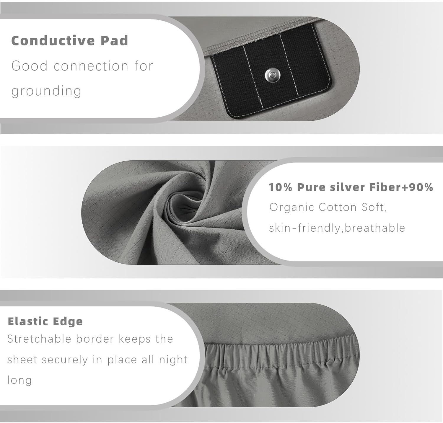 Grounding Sheets Queen Size,90% Organic Cotton+10% Pure Silver Fiber,Miracle Sheets Grounded Bed Sheet Kit,Breathable and Soft Grounding Fitted Sheets(Gray)