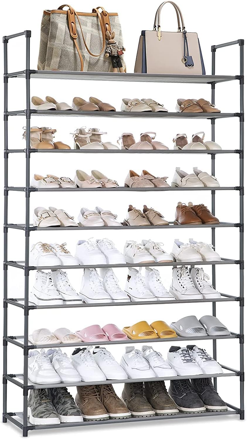 Camabel 10 Tiers Shoe Rack Capacity 130lbs for 60 Pairs Stackable Narrow Expandable Storage Organizer Cabinet Tower Shelf Space Saving Assembly Hold High Heeled Shoes Gray BG360