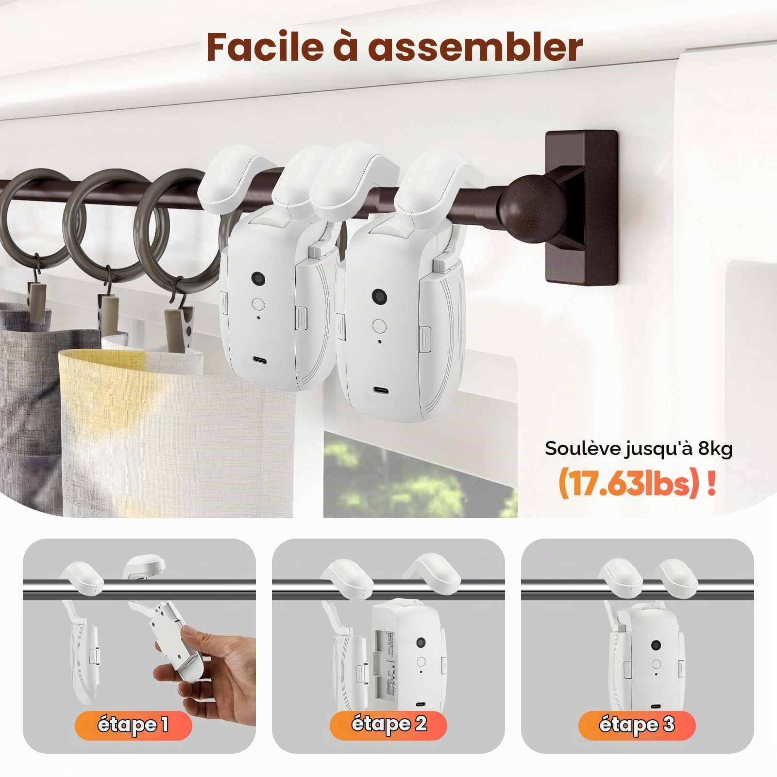2 Pièces Ouvre-Rideau Automatique, Rideau Electrique Interieur 3 in 1 - Robot de Rideau Électrique avec Télécommande, Moteur Silencieux pour Tringle Romaine, Rail en Forme de T/U