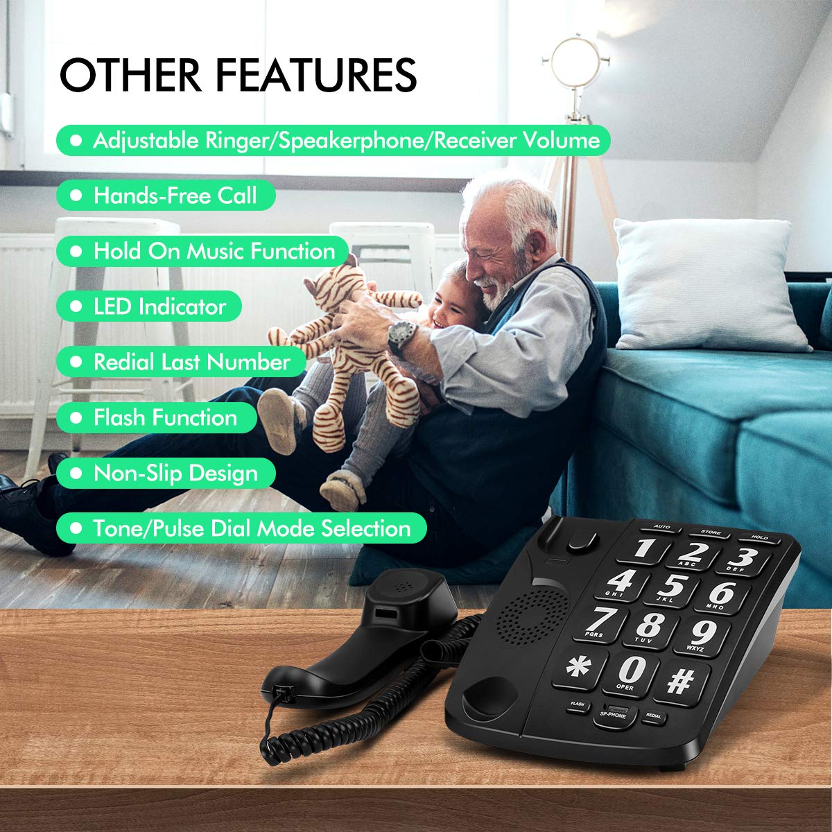 Riiai BigTel Amplified Big Button Landline Phones, Big Button Telephone